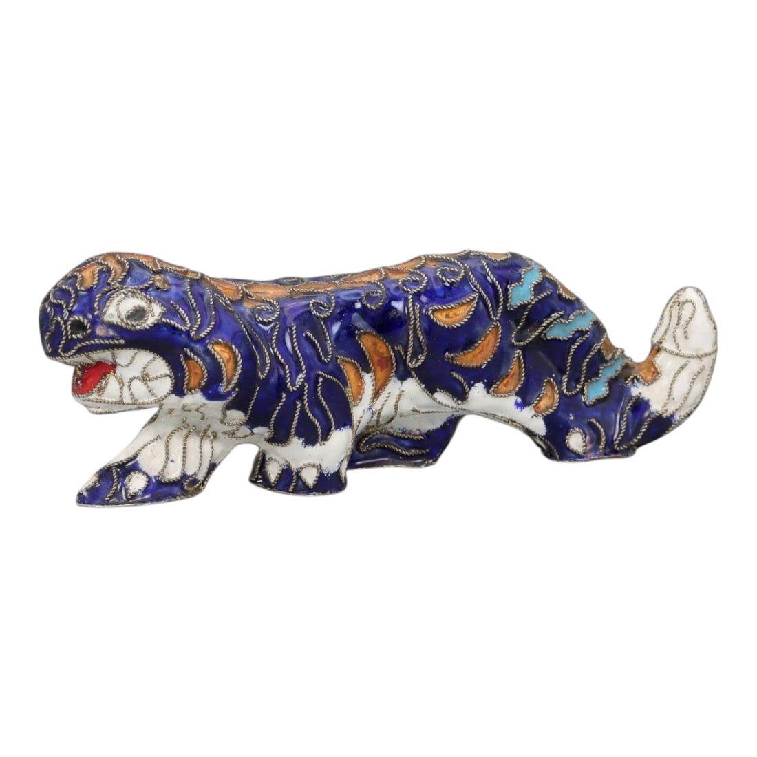 A Chinese Cloisonne Enamel Tiger Effigy, 20th Century, 4FH: Modeled as a striding tiger shown in profile with the body elongated and the head turned slightly forward, the effigy is constructed over a metal core and decorated overall with cloisonne enamel on a 