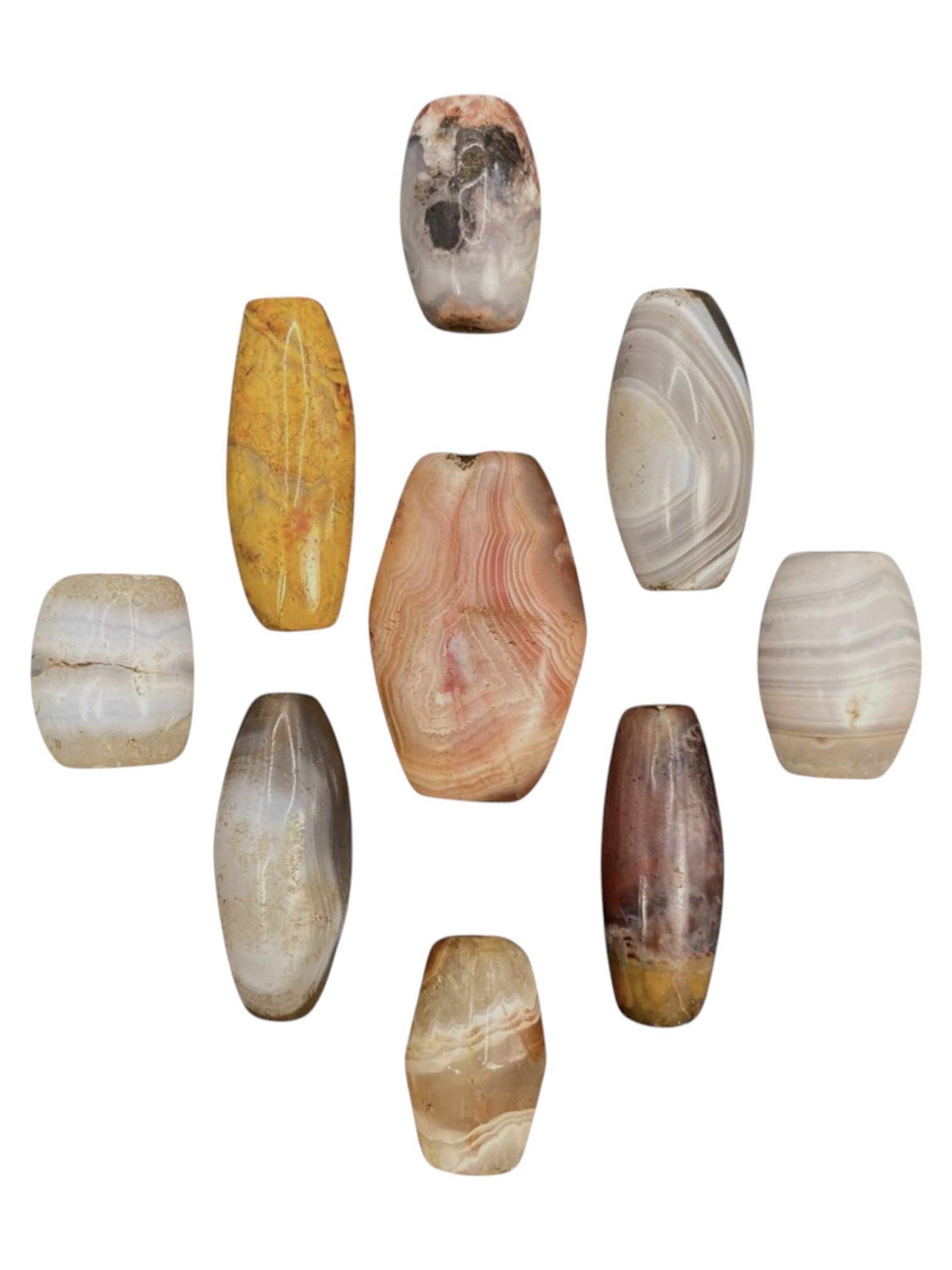 Lot of 9 Himalayan Banded Agate Beads, Ancient to Antique Period, 41WT: A group of nine beads crafted from banded agate, exhibiting a diverse range of natural colors and patterns, including translucent grey, white, cream, yellow, reddish-brown, and multi-tonal hues. Each 