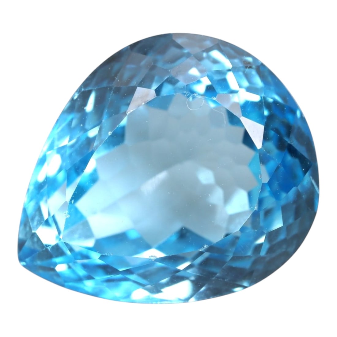 33.87 Carats Swiss Blue Topaz Pear - Natural Brazilian Stone, LZ105: This striking pear-cut Swiss blue topaz captivates with a vivid, saturated blue hue that evokes the crisp clarity of a summer sky. Its expertly faceted cut features precisely angled surfaces that maxi