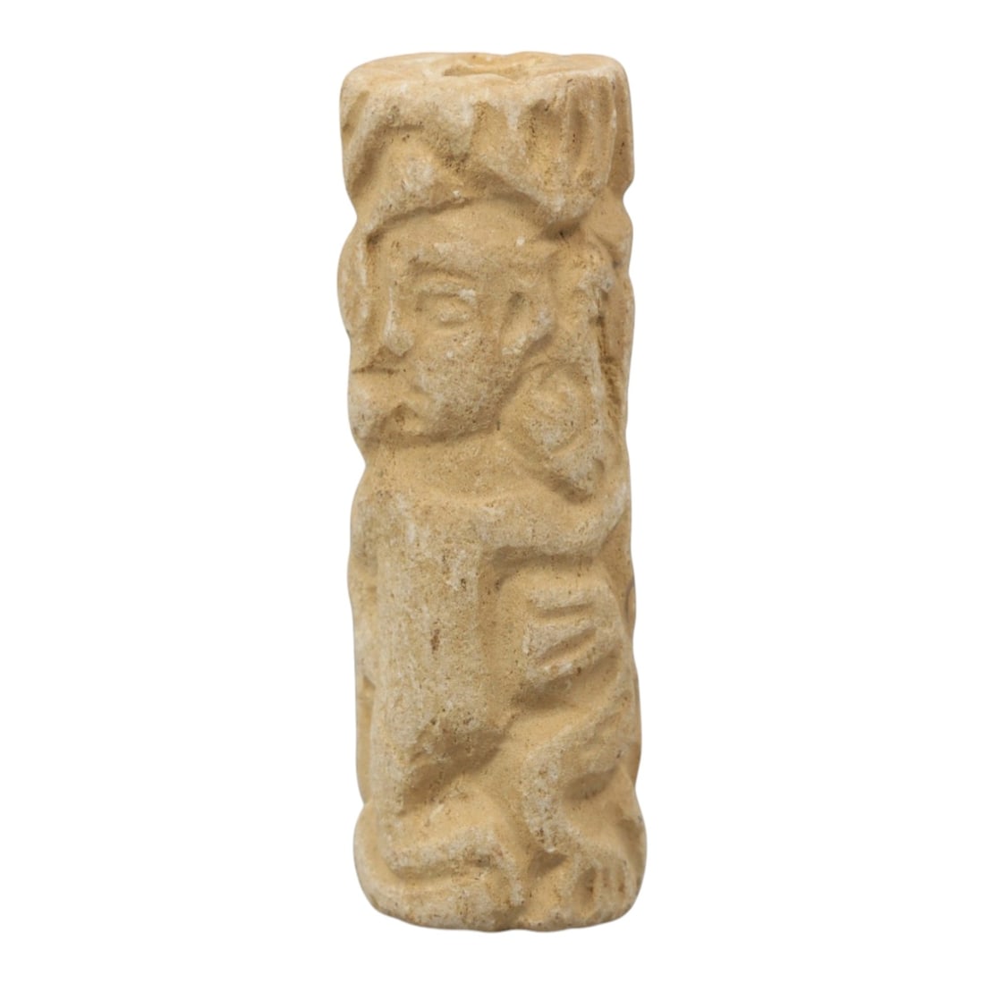 Ancient Limestone Cylinder Bead - Carved Relief, 76ZQ: Carved from limestone, this ancient cylinder bead features a finely executed carved relief with a stylized humanoid form, characteristic of Near Eastern glyptic art. The carving displays fine detail i
