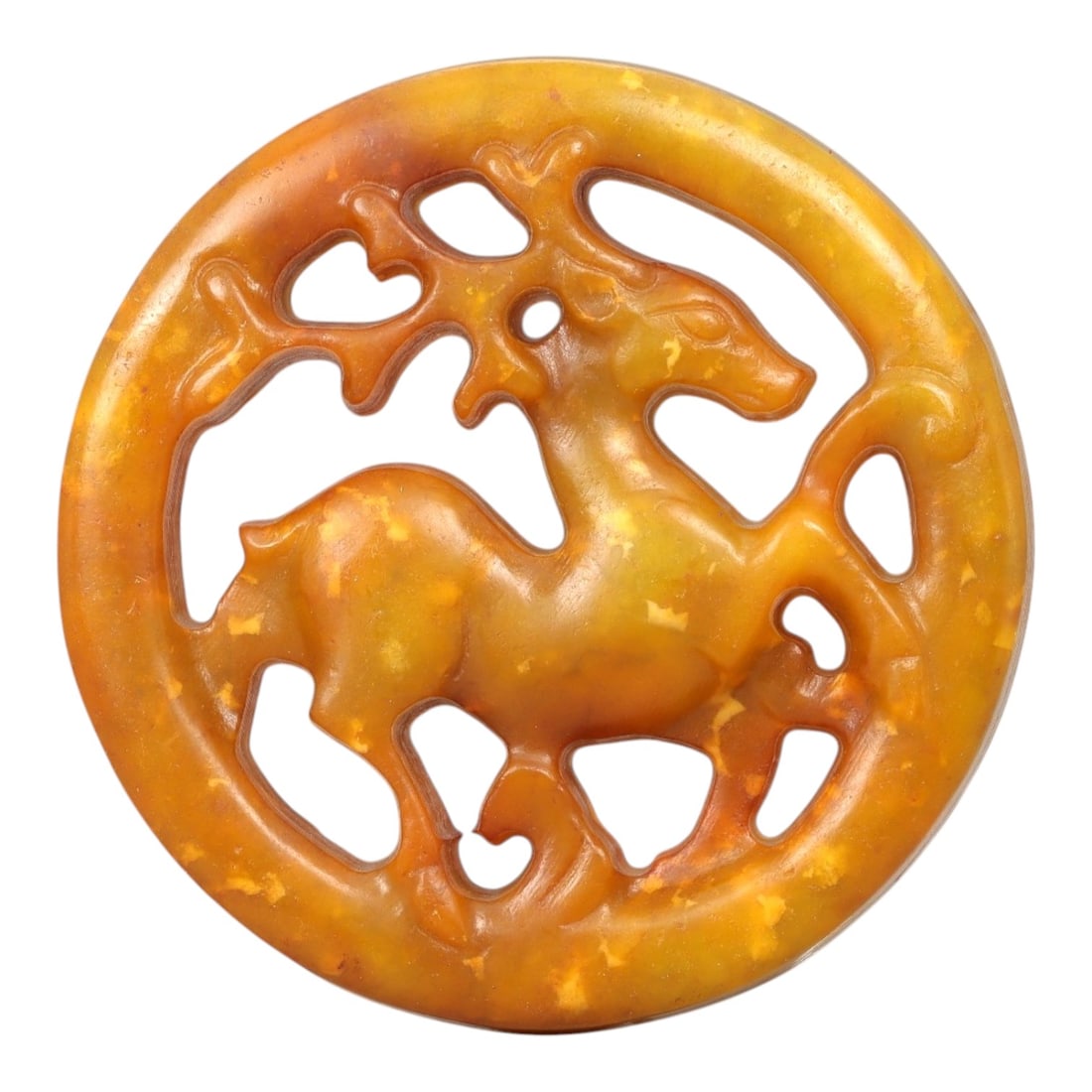 A Chinese Hetian Jade Openwork Deer Plaque, 20th Century, 52FH: Carved from warm honey-yellow Hetian jade with mottled tonal variation and natural inclusions, the plaque is circular in form and executed in openwork. The central motif depicts a standing deer shown 