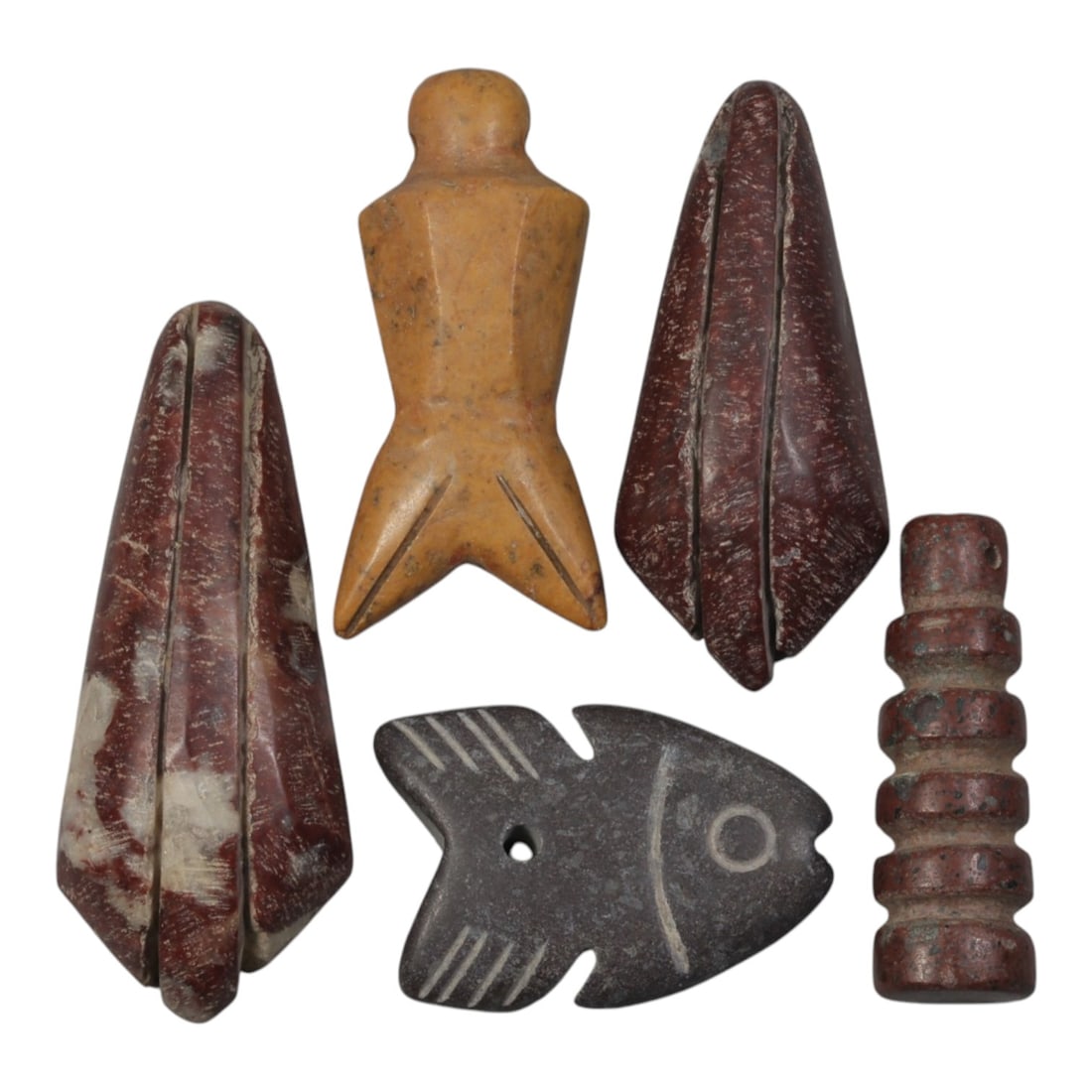 Lot of 5 Ancient Coptic Egyptian Stone Amulets, Circa Roman to Coptic Era, 83WP: Carved from various stones, including reddish-brown with white inclusions, tan, and dark grey varieties, the group consists of five amulets of distinct forms. The set includes two conical pendants wit