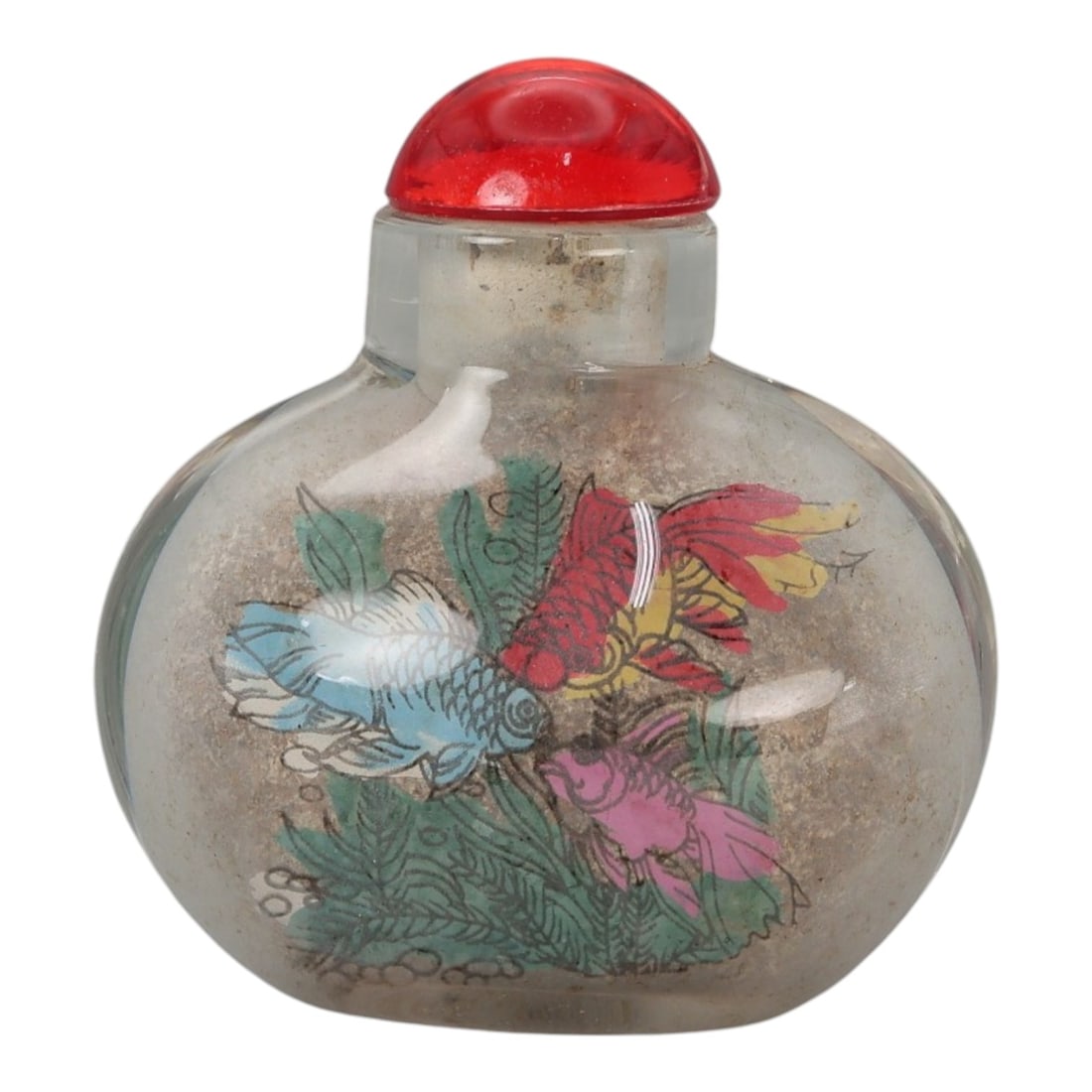 A Chinese Glass Snuff Bottle with Painted Decoration, 20th Century, 57FD: Formed from clear glass with a rounded flattened body and a short cylindrical neck, fitted with a domed red stopper. The interior is hand-painted with polychrome decoration depicting birds and floweri