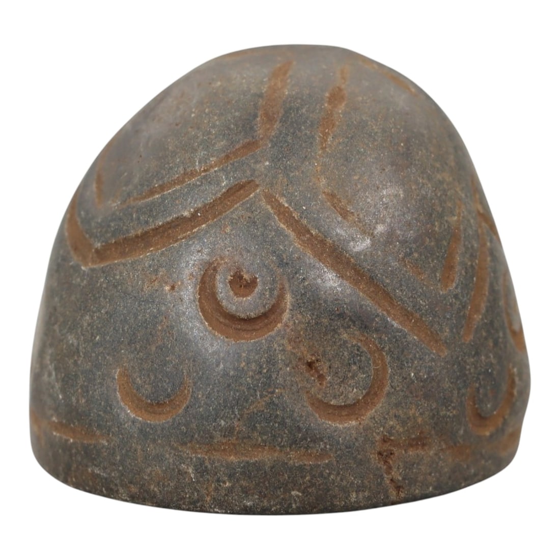 Ancient Stone Weight - Near Eastern Crescent Motif, 59AM: This conical weight is carved from dark stone, featuring incised linear and crescent motifs across its surface, executed in a simple relief style consistent with ancient Near Eastern utilitarian artif