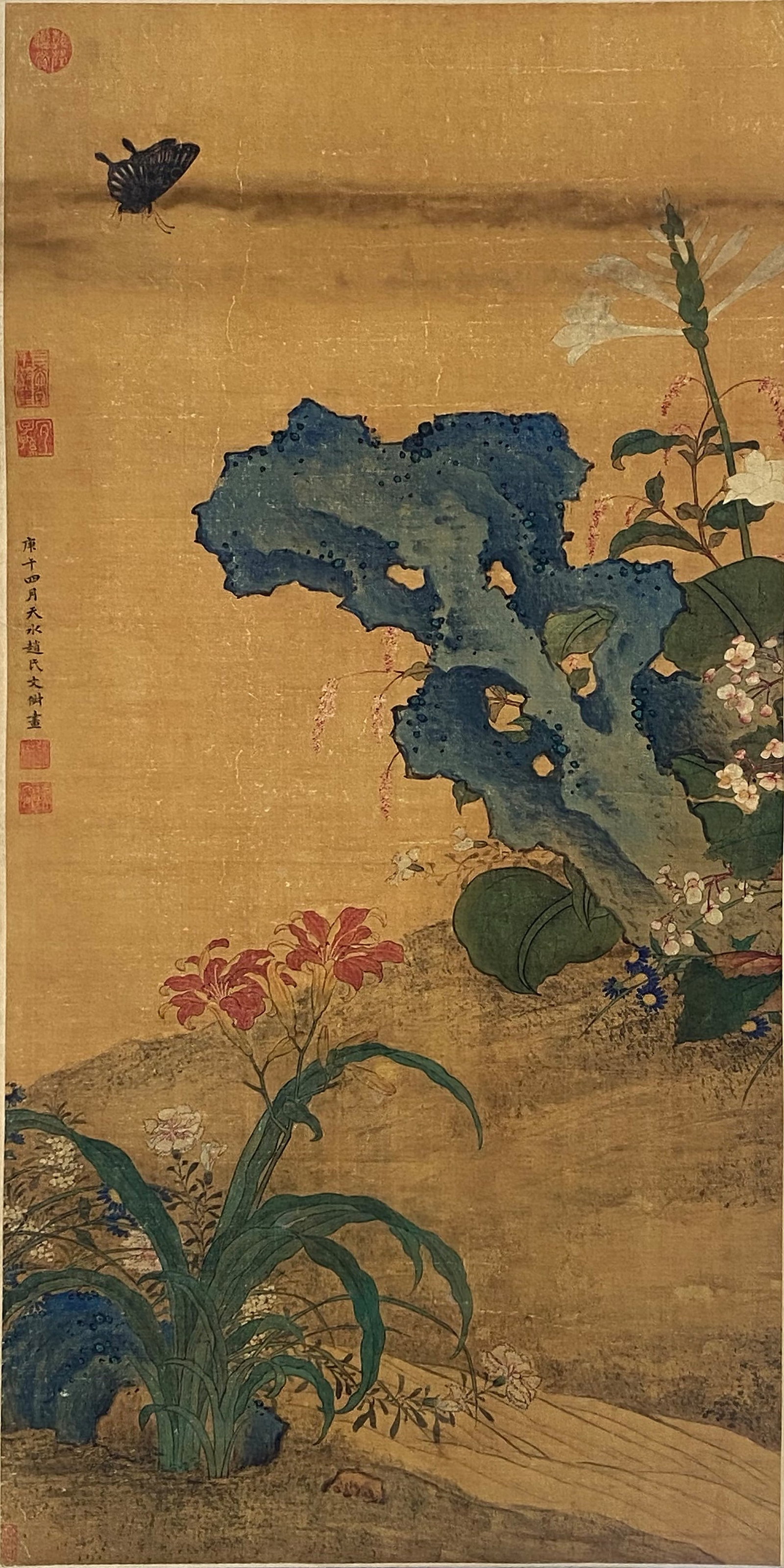 A Chinese Ink and Color Art Print of Scholar's Rock and Floral Motifs, 20th Century, 15FK: Produced using fine art printing processes on aged paper stock, the work is an ink and color art print executed in the traditional Chinese bird-and-flower painting idiom. The composition features a la