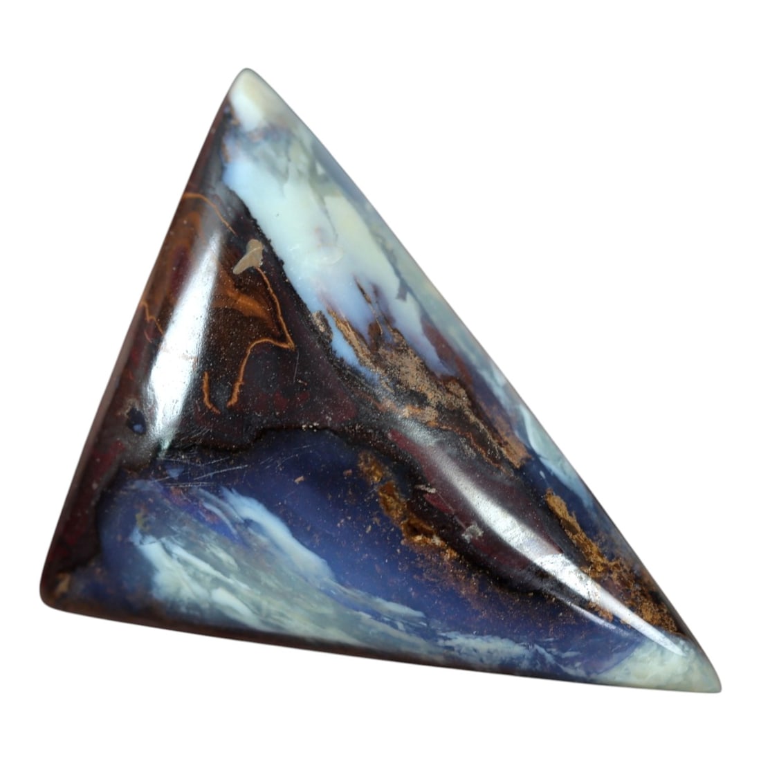 17.81 Carats Deep Blue and Brown Matrix Boulder Opal Cabochon - Natural Australian Stone, 41XM: This substantial boulder opal cabochon features a dramatic, layered composition of deep blue opal interwoven with rich brown and maroon ironstone matrix, accented by milky white opal veins that flow a