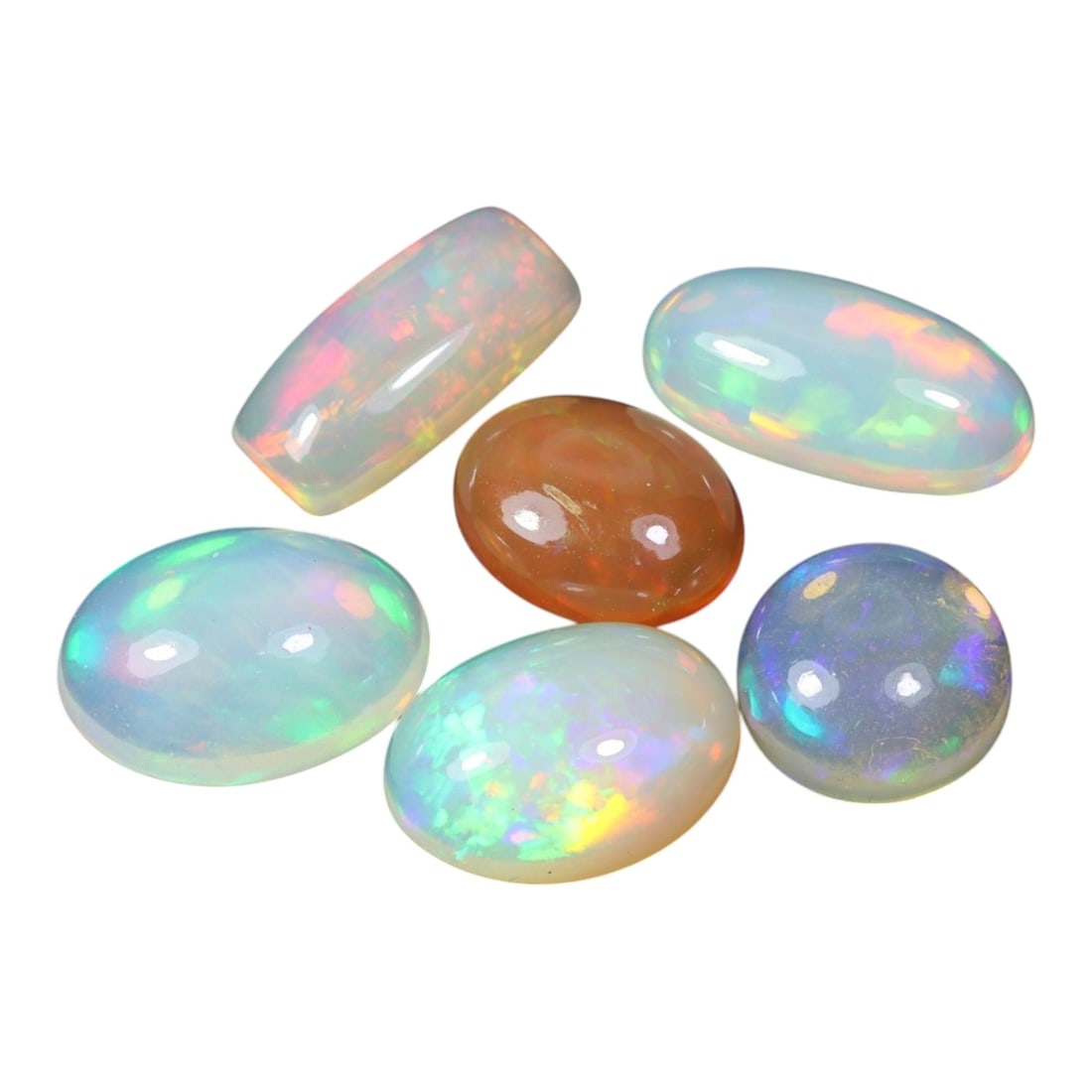 8.28 Carats Multicolor Welo Opal Mixed Cabochon Parcel - Natural Ethiopian Stones, 54XC: This captivating parcel of Ethiopian Welo opals features a diverse mix of cabochon shapes, including elongated ovals and classic rounds, showcasing a breathtaking spectrum of iridescent play-of-color.