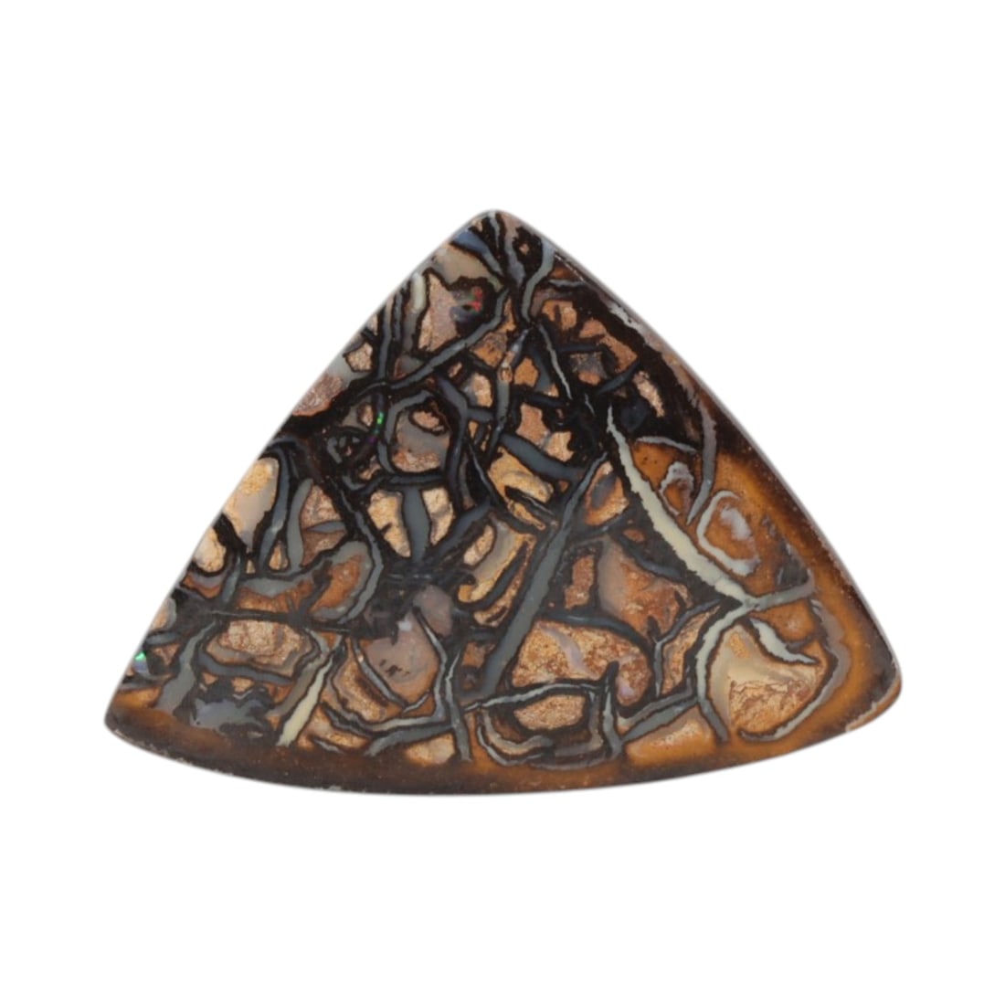 16.80 Carats Matrix Boulder Opal Triangular Cabochon - Natural Australian Stone, 16XC: This striking matrix boulder opal cabochon, measuring 23.9 x 17.6 x 5.6 mm, is a dramatic display of natural geological artistry. Polished into a bold triangular shape, the stone features an intricate