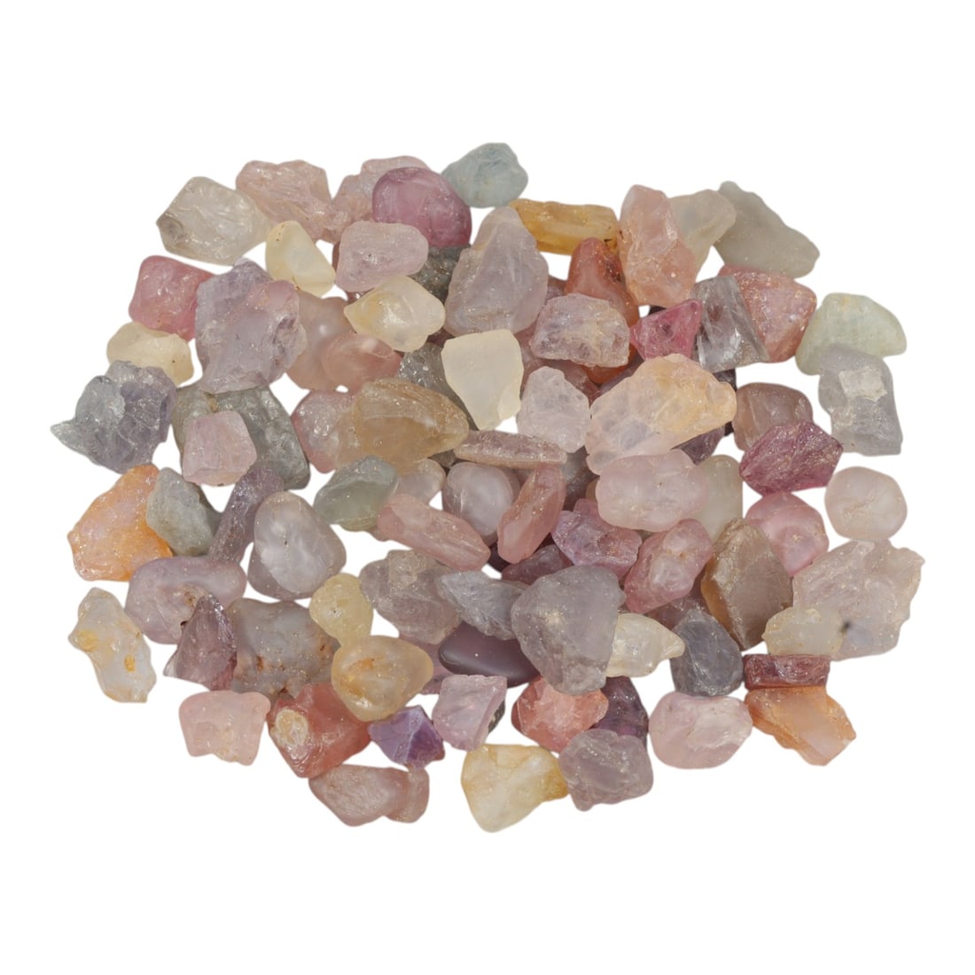 143.89 Carats Natural Multicolor Tourmaline Rough Parcel, 35XE: This generous parcel of natural tourmaline rough presents a soft, enchanting spectrum of pastel hues, including delicate pinks, lavender, mint greens, warm peaches, and buttery yellows. The stones are