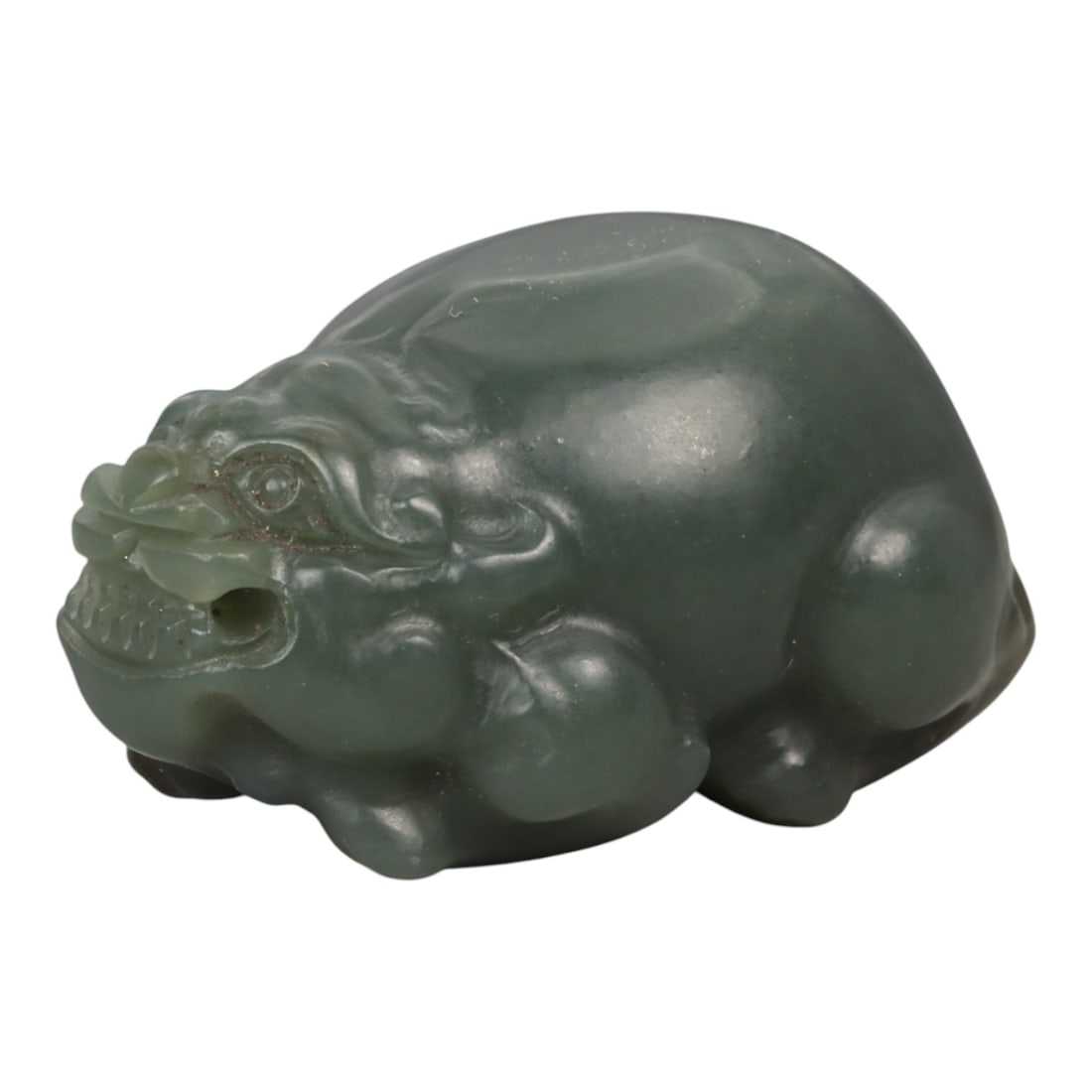 Chinese Jade Pixiu Beast - Carved Stone Animal, 58ZD: Carved from translucent green jade with soft tonal variation, this compact pixiu is modeled in a crouching pose with rounded haunches, a stylized head, and lightly incised details defining the eyes, m