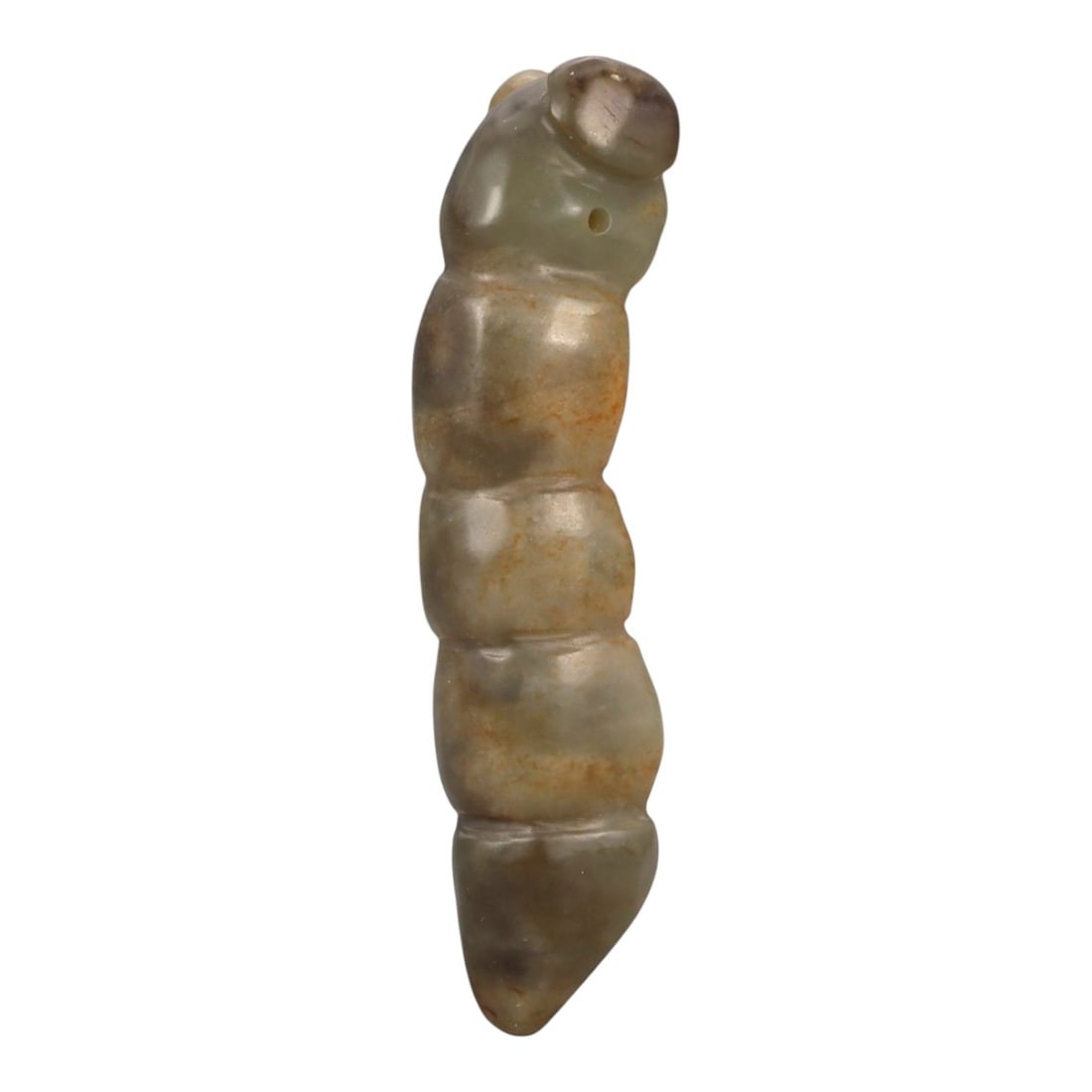 A Chinese Jade Worm Carving, Qing Dynasty, 18th-19th Century, 64FB: Carved from mottled jade with grey-green tones and areas of brownish mineral inclusions, the object is modeled in the round as a stylized worm or larval form. The body is elongated and vertically orie