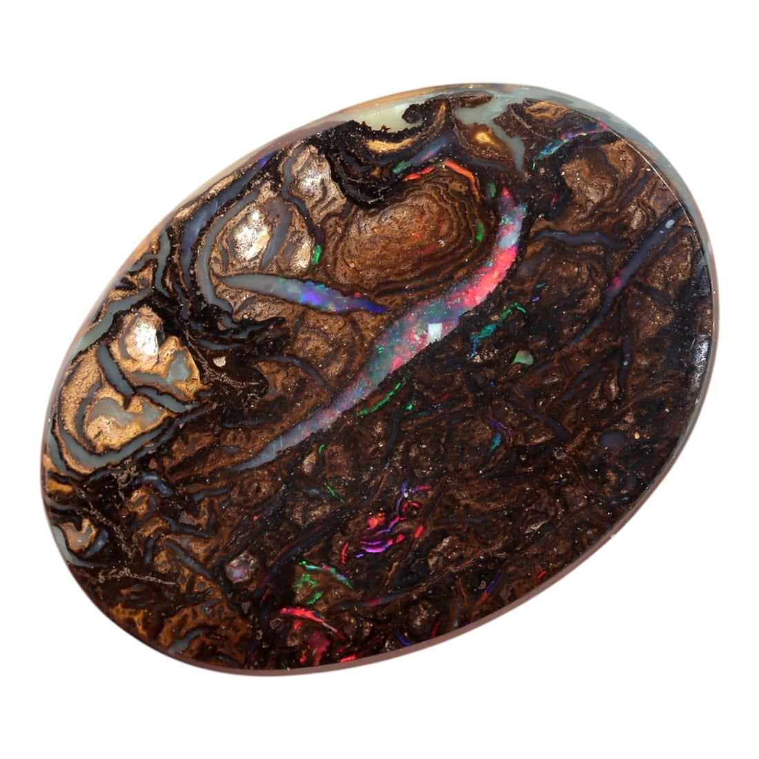 4.92 Carats Multicolor Koroit Boulder Opal - Natural Australian Stone, LZ44: This exceptional 4.92 carat Koroit boulder opal, measuring 13.9mm x 10.1mm x 3.7mm, is a masterpiece of natural artistry. Polished into a smooth oval cabochon, its face is dominated by a rich, texture