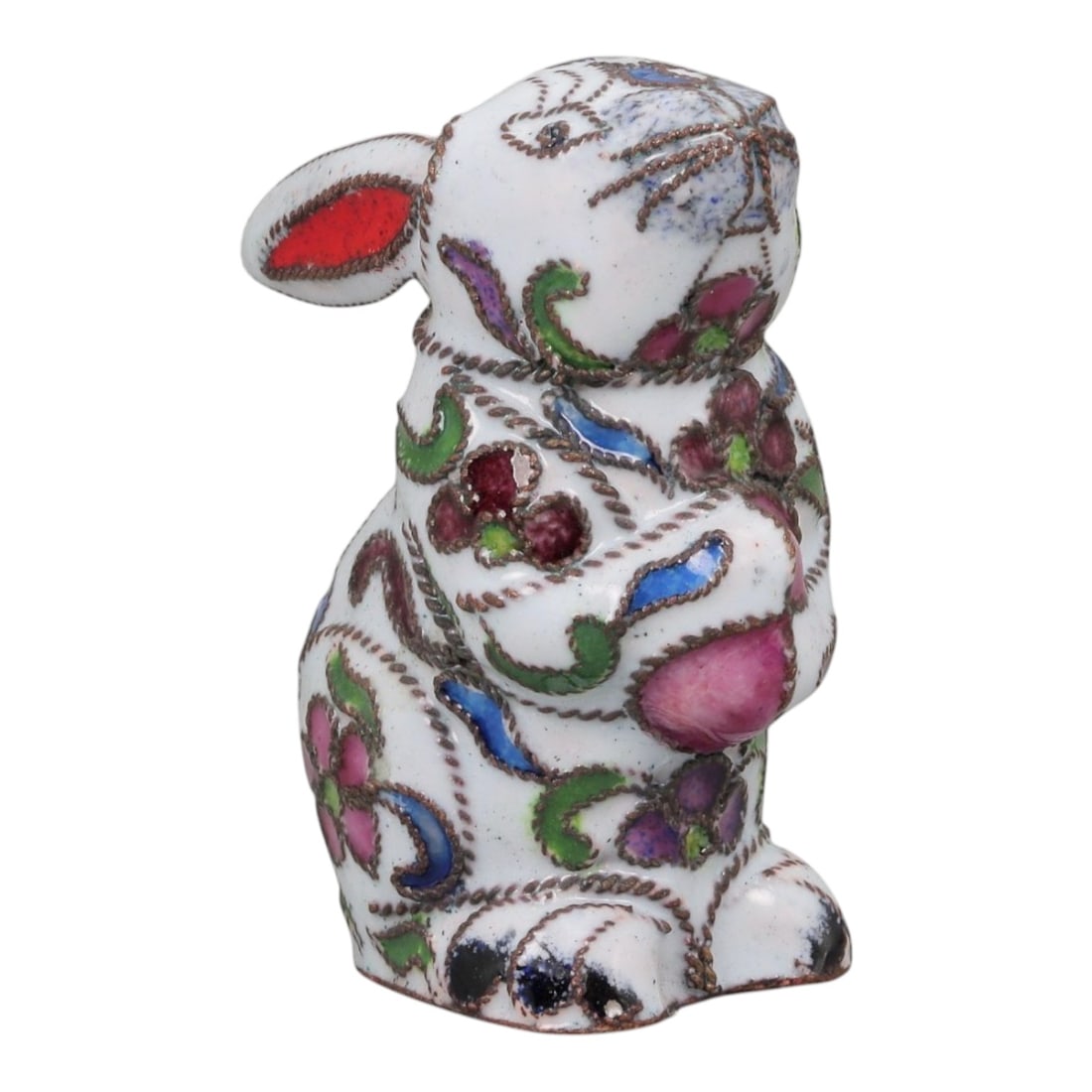 A Chinese Cloisonne Enamel Rabbit Effigy, 20th Century, 2FH: Modeled as a standing rabbit with the head turned slightly to one side, the effigy is formed from a metal core and decorated overall with cloisonne enamel on a white ground, the surface articulated by