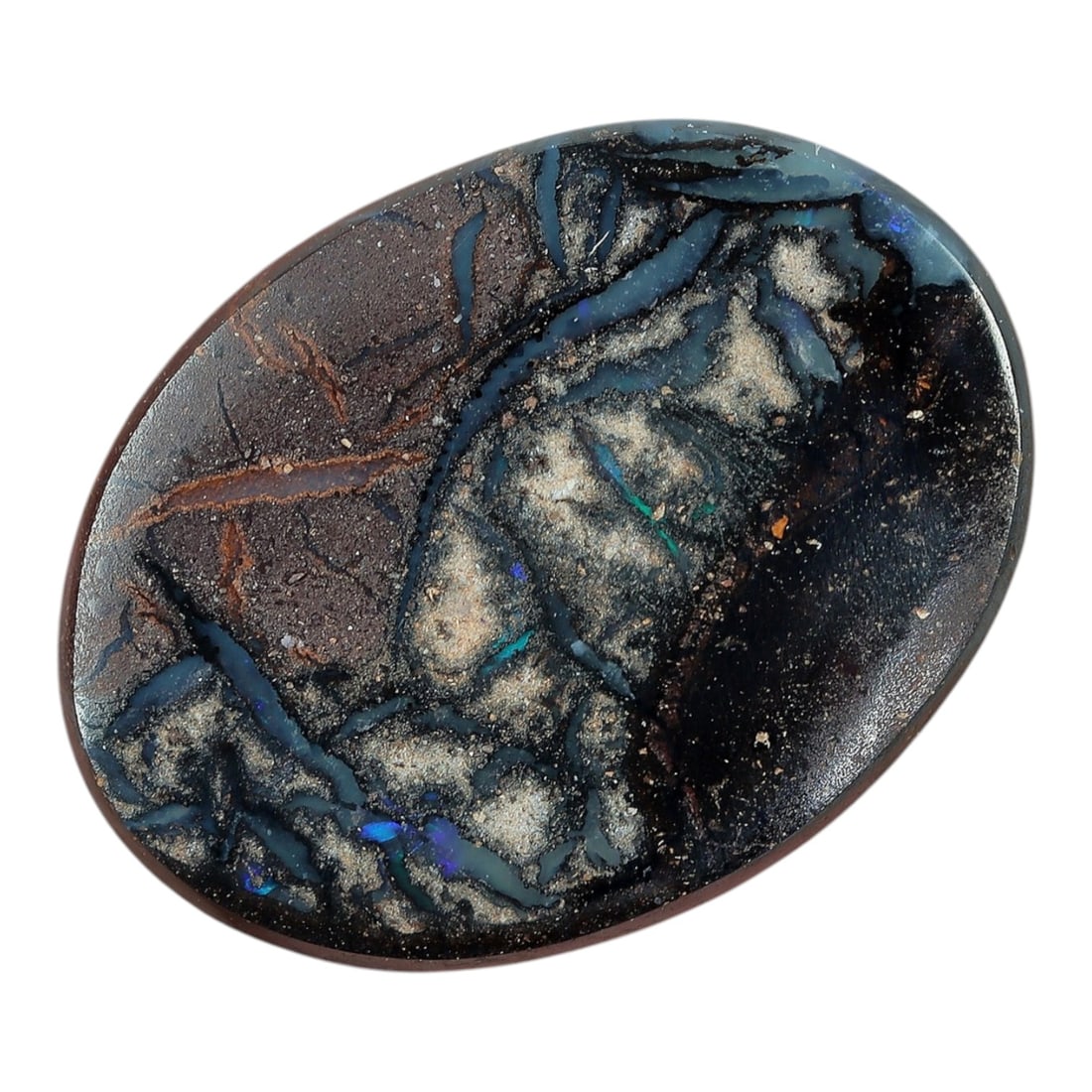 3.28 Carats Koroit Yowah Opal Cabochon - Natural Australian Single Stone, 88XL: This distinctive Koroit Yowah opal cabochon, calibrated to 12.2x9.1mm, features a dramatic tonal matrix of deep jet black and earthy chocolate brown, interwoven with striking veins of milky white and 