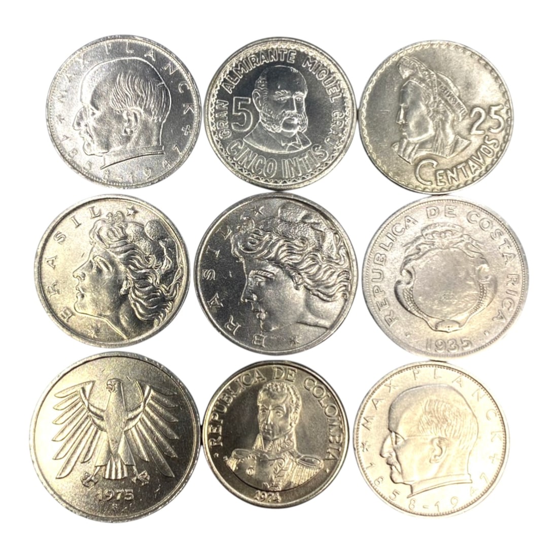 GLOBAL: Post-War Identity & Monetary Reform - 9-Piece Coins Set, 1935-1975, 25-29mm, 57ZJ: This curated 9-Piece Coins Set spans three decades of global numismatic history, featuring coins from Germany, Brazil, Costa Rica, Colombia, Guatemala, and Peru. Ranging from 25 to 29mm in diameter, e