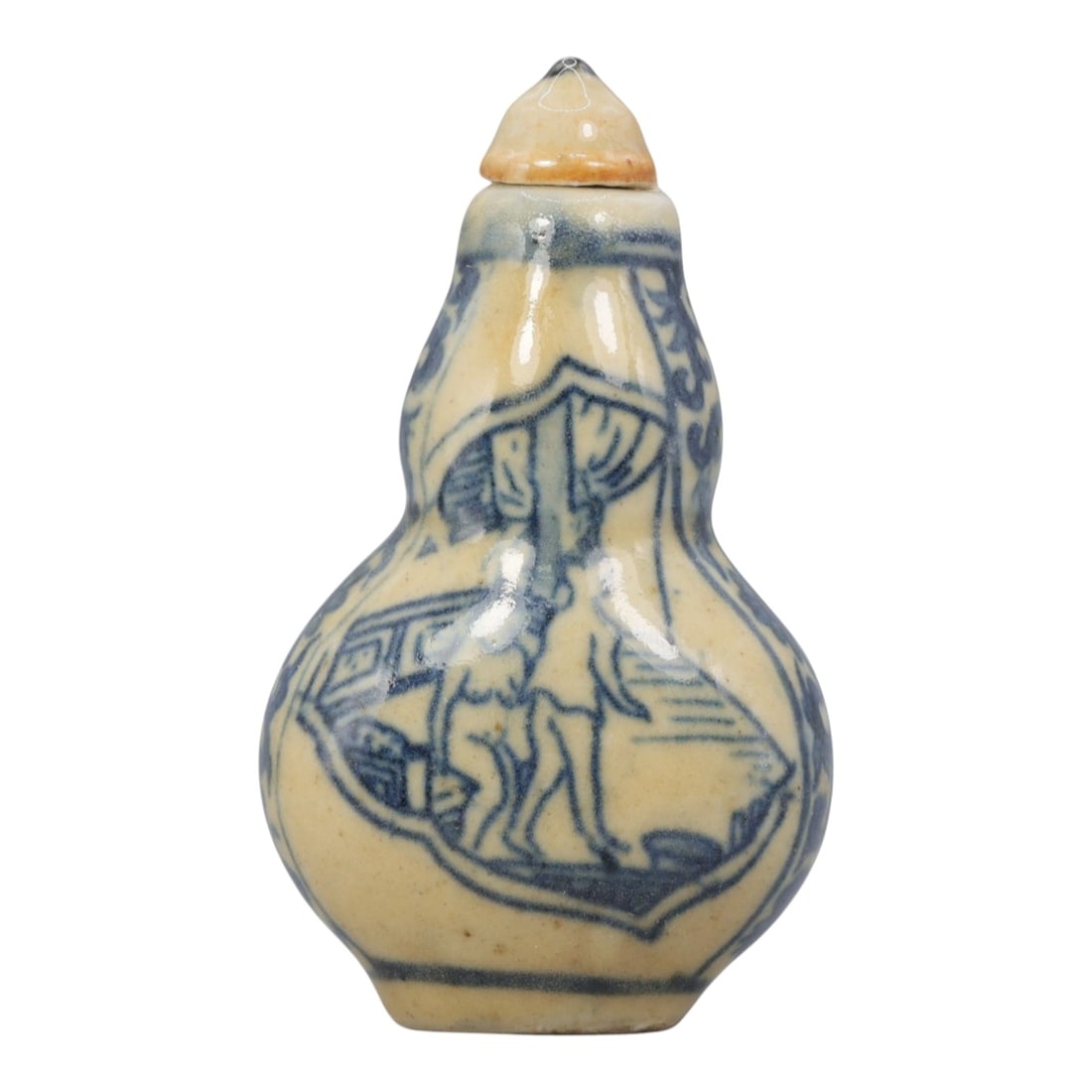 A Chinese Porcelain Double-Gourd Snuff Bottle, 20th Century, 1YD: Crafted from porcelain with a pale cream glaze and decorated in underglaze blue, the snuff bottle is formed in a double-gourd shape, with a narrow upper bulb, a wider lower bulb, and a short neck fitt