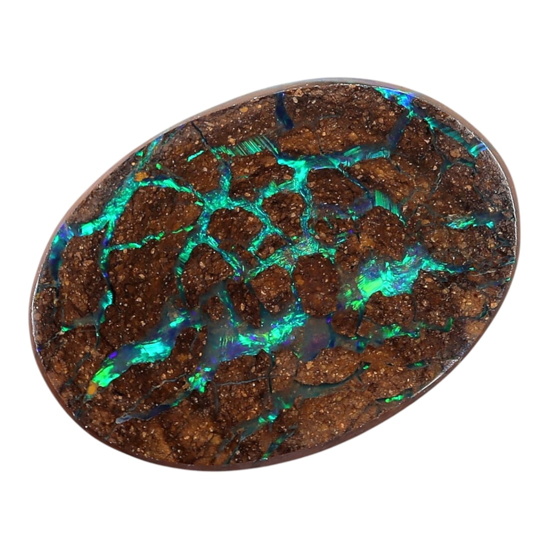 1.66 Carats Electric Green Web Matrix Boulder Opal - Natural Australian Stone, LZ47: This striking 1.66 carat matrix boulder opal, measuring 9.5mm x 6.9mm x 2.6mm, is a breathtaking display of natural electric color. Polished into a smooth oval cabochon, its face features a rich, gran