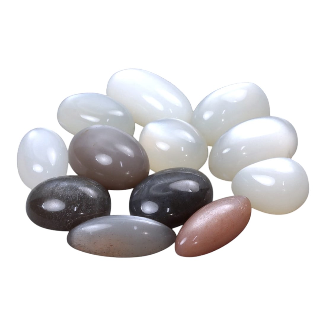 156.91 Carats Multicolor Moonstone Selection - Natural Mixed-Origin Stones, 15-22mm, 56XH: This substantial parcel of natural moonstone showcases a dreamy palette of whites, silvers, smoky greys, and peachy taupes, each polished into a smooth cabochon with soft internal glow. The stones exh