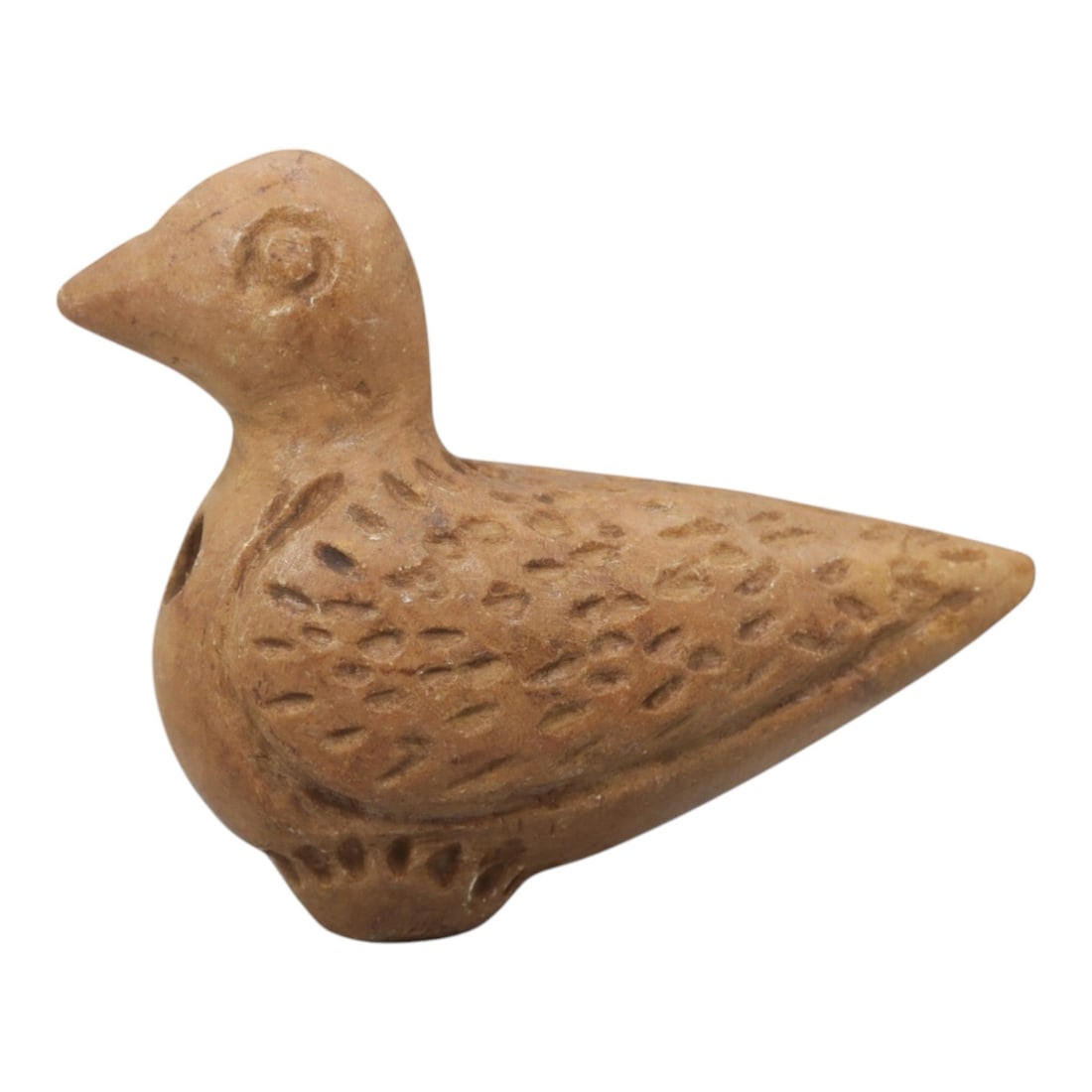 Ancient Steatite Bird Amulet - Near Eastern Carved Figurine, 69ZQ: Carved from steatite, this ancient Near Eastern bird amulet features a compact, stylized avian form with detailed facial features and a textured body surface. The carving exhibits primitive yet expres