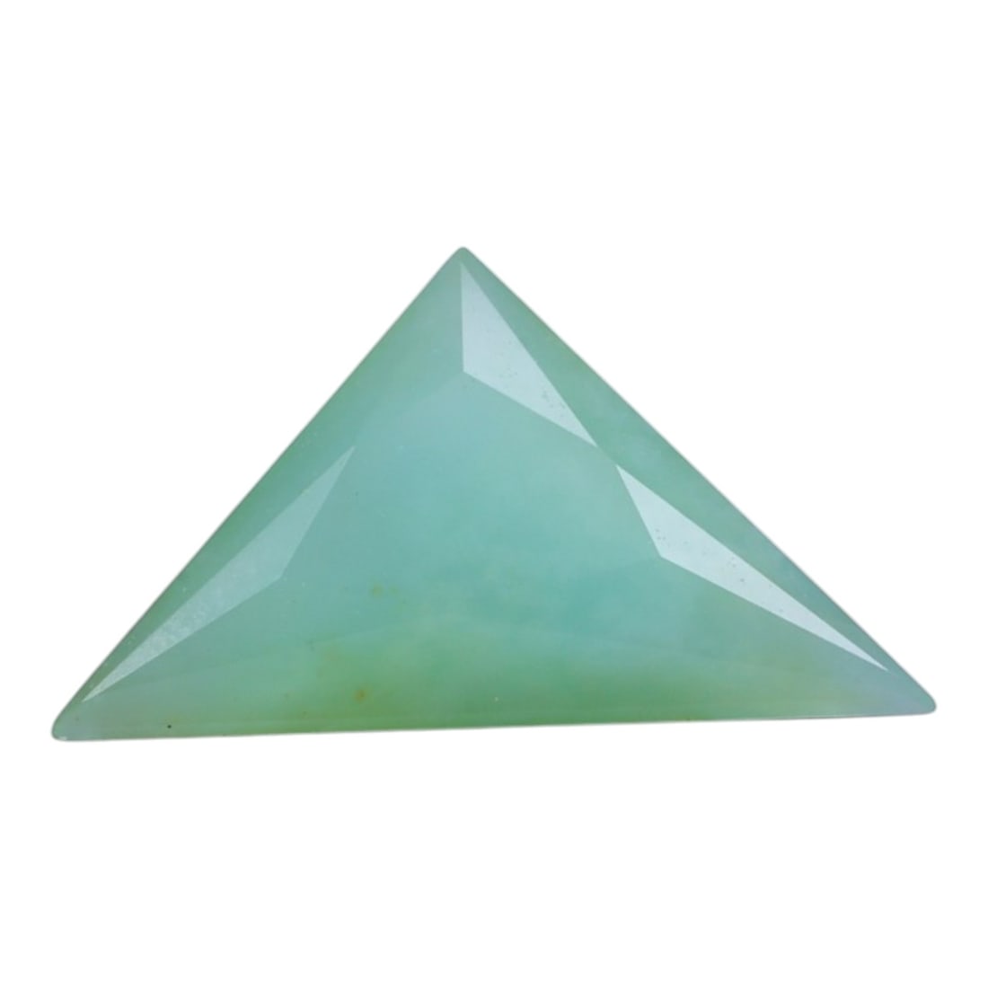 0.87 Carats Soft Mint Peruvian Paraiba Opal Triangle - Natural Stone, 87XY: This singular triangle-cut Peruvian Paraiba opal, measuring 11.6 x 6.7 x 3.6 mm, displays a serene, soft mint-blue hue reminiscent of shallow tropical waters and misty dawn skies. Its geometric triang