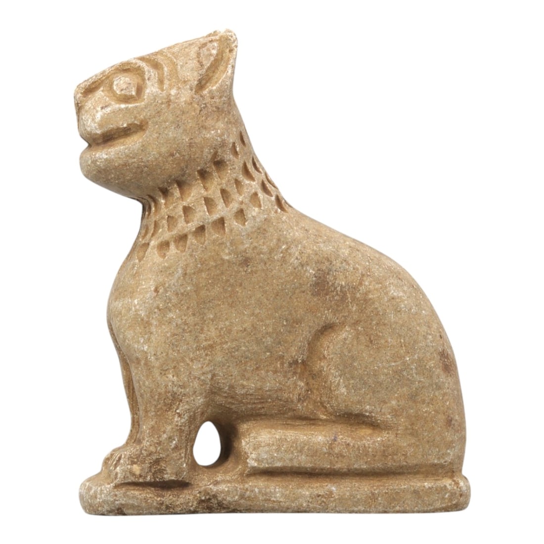 Near Eastern Steatite Plaque - Tribal Art Seated Feline Figurine, 29ZA: Carved from solid steatite, this Near Eastern tribal art piece is shaped as a stylized seated feline figurine, executed with detailed tribal craftsmanship. The feline is rendered in an upright, seated
