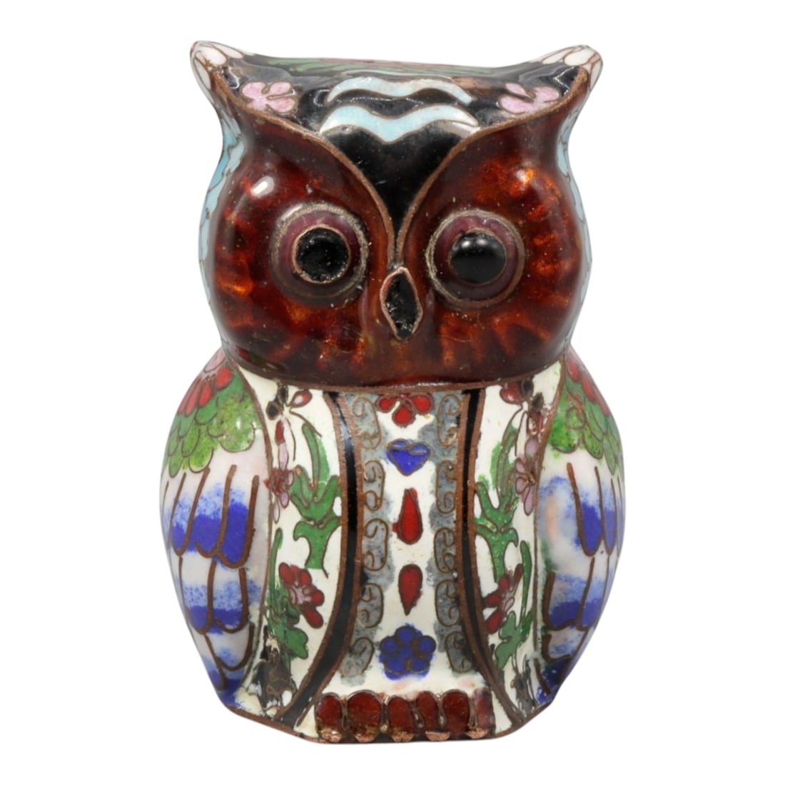 A Chinese Cloisonne Enamel Owl Effigy, 20th Century, 68YC: Constructed in copper and decorated with polychrome cloisonne enamel, the figure represents a standing owl with a rounded body and forward-facing posture. The head is prominently modeled with large ci