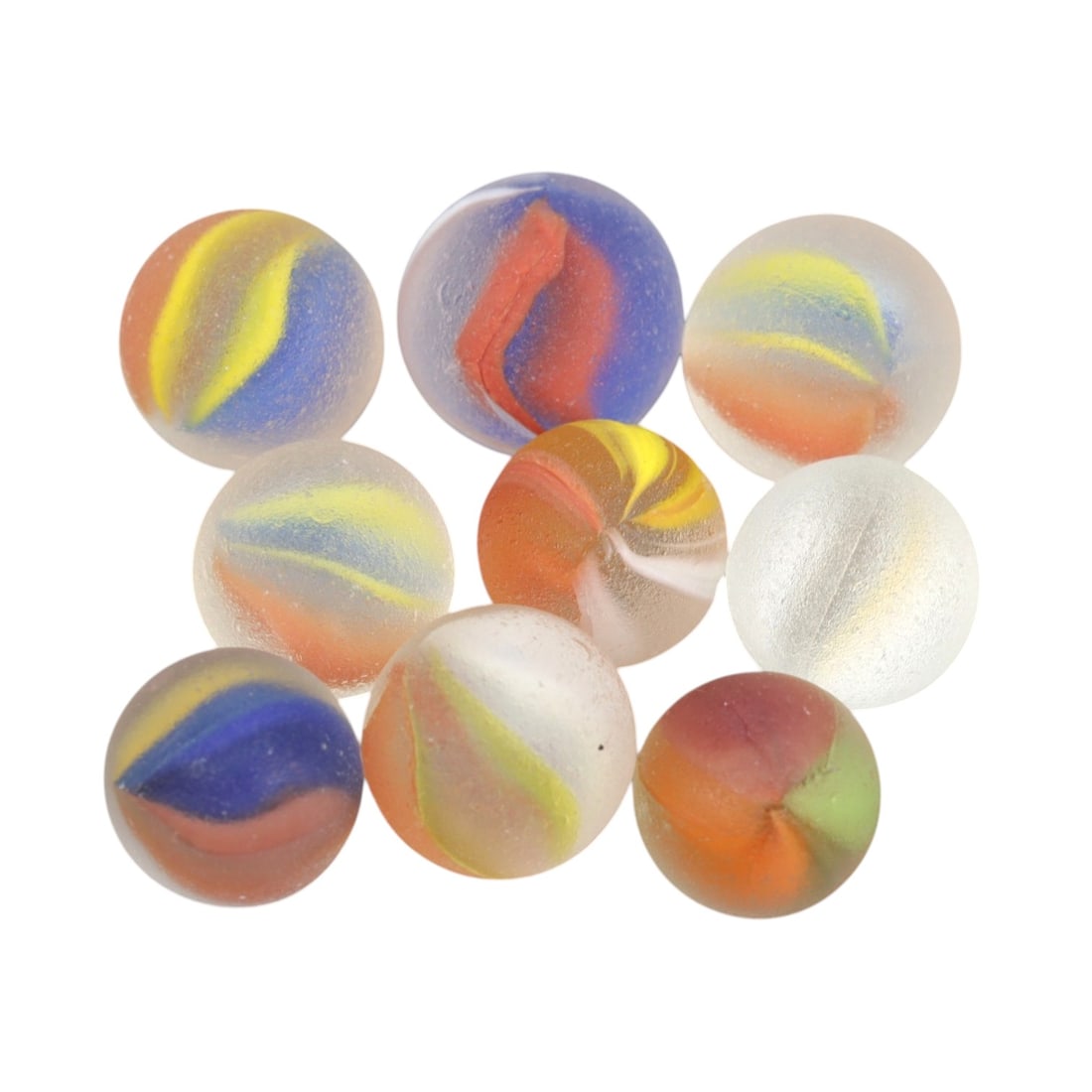 Vintage Glass Marbles - Swirled Frosted Set, 99XS: Crafted from frosted glass, this set of nine vintage marbles features swirled color patterns in hues of blue, green, orange, yellow, and white, each with a matte, weathered surface. The spherical form