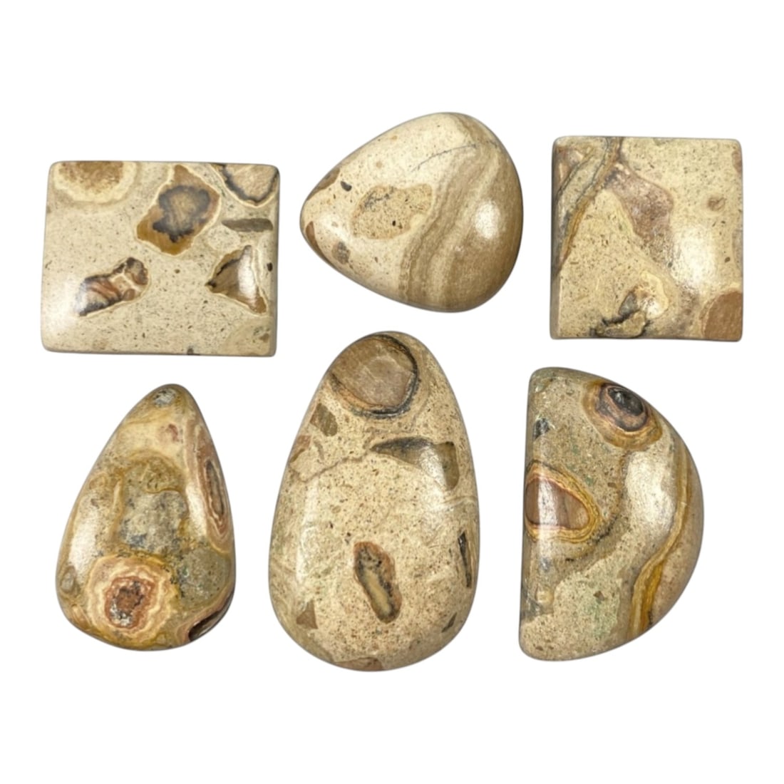 189.20 Carats Orbicular Jasper Cabochon Parcel - Natural Loose Gemstones, 98ZL: This curated parcel of six orbicular jasper cabochons, weighing a total of 189.20 carats with individual dimensions ranging from 2.2 to 2.4 cm, showcases the gemstone's iconic "eye-like" or "orbicular