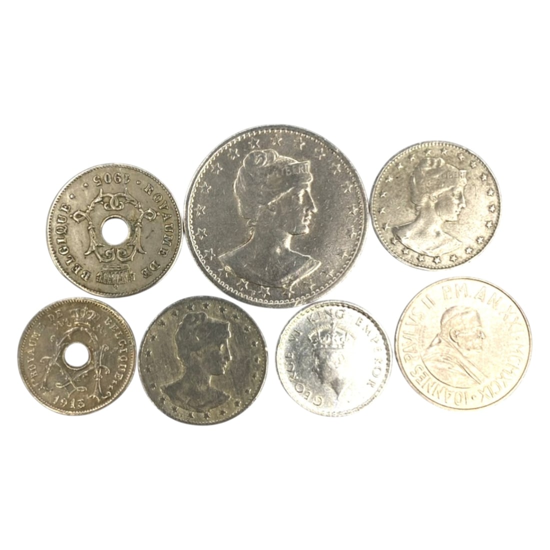 GLOBAL: Sovereignty & Faith - 7-Piece Coins Set, 1943-1969, 19-30mm, 20ZJ: This curated 7-Piece Coins Set spans the mid-20th century, featuring coins from Belgium, Brazil, Vatican City, and British colonial issues, ranging from 19 to 30mm in diameter. Each piece anchors to a