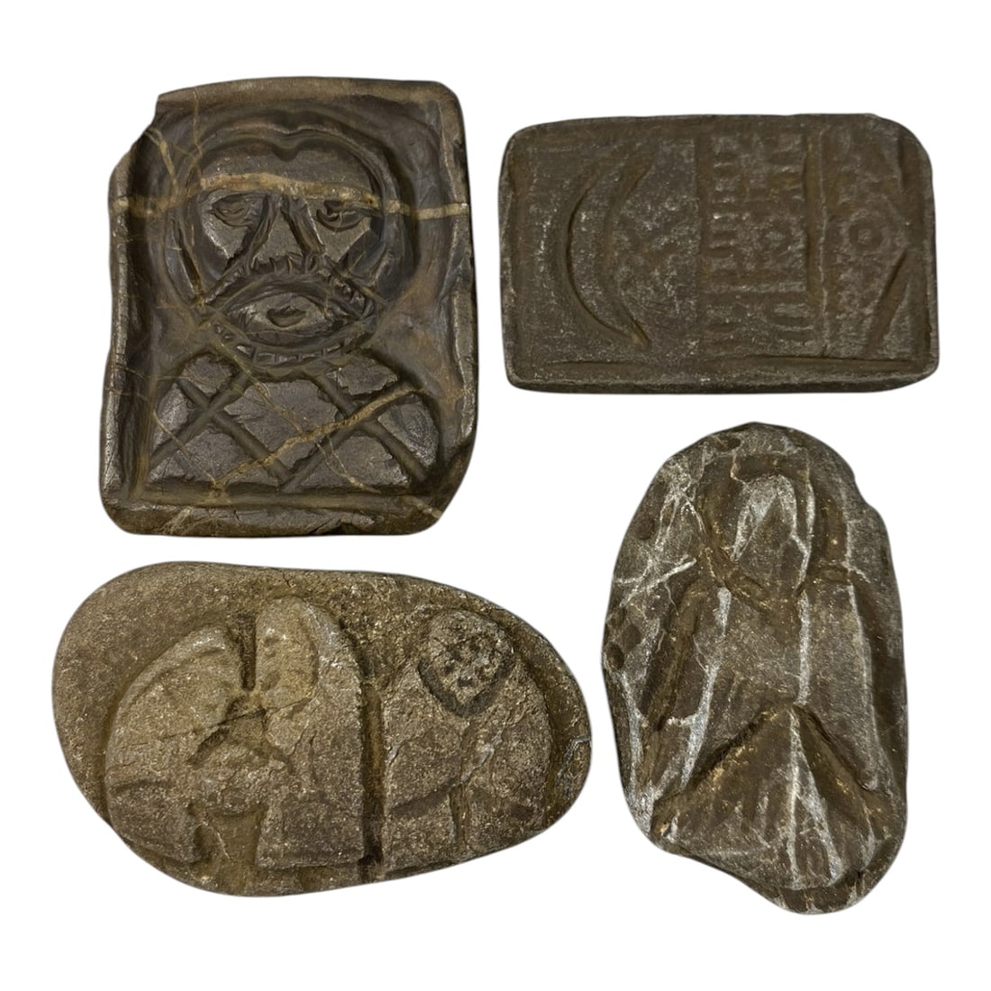 Lot of 4 Ancient Christian Stone Amulet Plaques, 76AG: A collection of four hand-carved stone amulet plaques, attributed to the early Christian or medieval period, likely from the Mediterranean region. Crafted from weathered dark stone with natural veinin