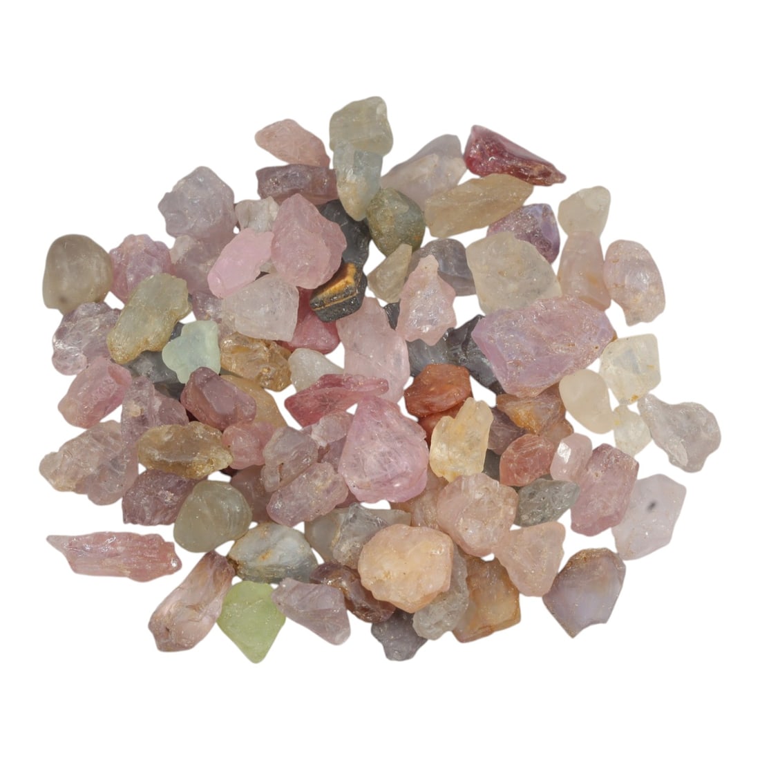 148.03 Carats Natural Multicolor Tourmaline Rough Parcel, 36XE: This lovely parcel of natural tourmaline rough showcases a dreamy spectrum of soft, wearable hues: delicate pinks, lavender, mint greens, warm peaches, and buttery yellows, with subtle deeper accents.