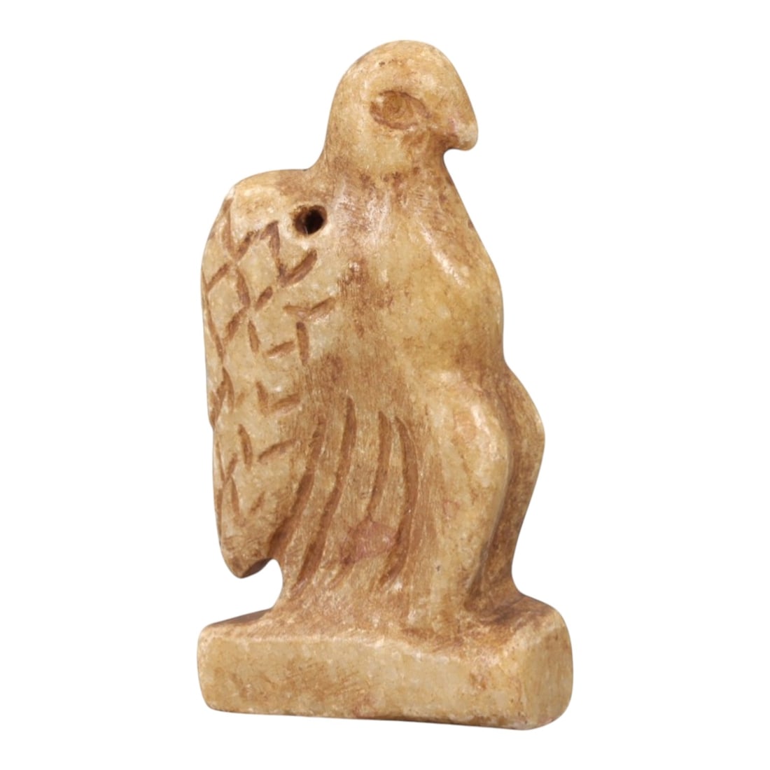 Ancient Steatite Vulture - Near Eastern Amulet Figurine, 96AK: Carved from steatite, this amulet depicts a stylized vulture in a perched stance, with incised linear details defining the wing feathers, body, and facial features including a defined eye and beak. A 