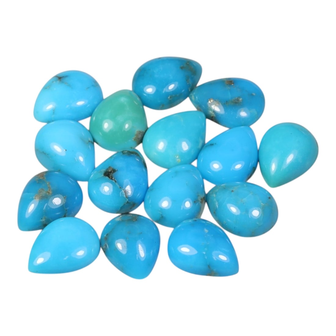 13.13 Carats Natural Turquoise - Pear Cabochon Gemstone, 8XB: Pear cabochon-cut turquoise gemstone, crafted from natural turquoise material. The stone displays a vibrant sky-blue to turquoise hue, with natural matrix inclusions and subtle veining characteristic 