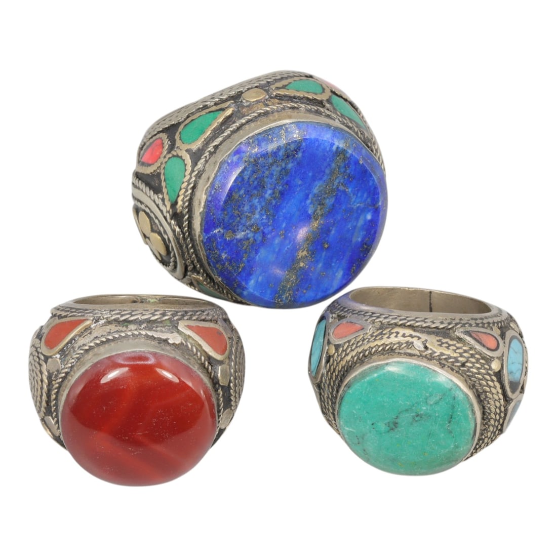 Lot of 3 Vintage Central Asian Tribal Silver Gemstone Rings, 56AD (1 of 1)