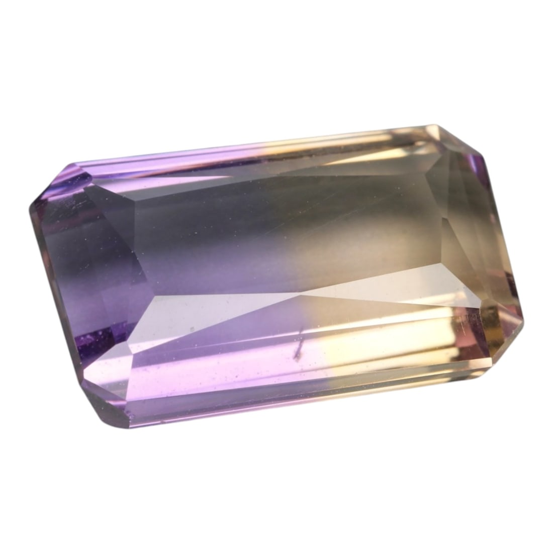 7.238 Carats Violet and Yellow Ametrine - Natural Brazilian Gemstone, LZ275: This impressive octagon step-cut ametrine showcases a striking, well-defined fusion of deep violet and warm golden-yellow hues, a hallmark of this dual-colored quartz. The step-cut faceting enhances t