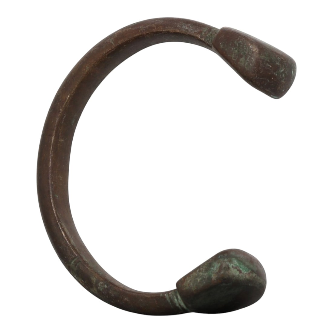 Antique African Bronze Bracelet - Decorated Penannular Bangle, 8BN: An antique African bronze bracelet, formed from a thick, rounded bronze band with a substantial profile. The open terminals are capped with stylized, bulbous finials, a decorative motif common in trad