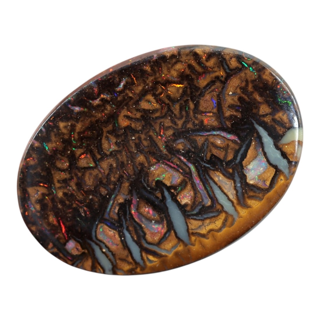 5.61 Carats Color-Flecked Koroit Boulder Opal - Natural Australian Stone, LZ45: This magnificent 5.61 carat Koroit boulder opal, measuring 15.2mm x 10.9mm x 3.2mm, is a breathtaking showcase of nature's complexity. Polished into a smooth oval cabochon, its face features a rich, t