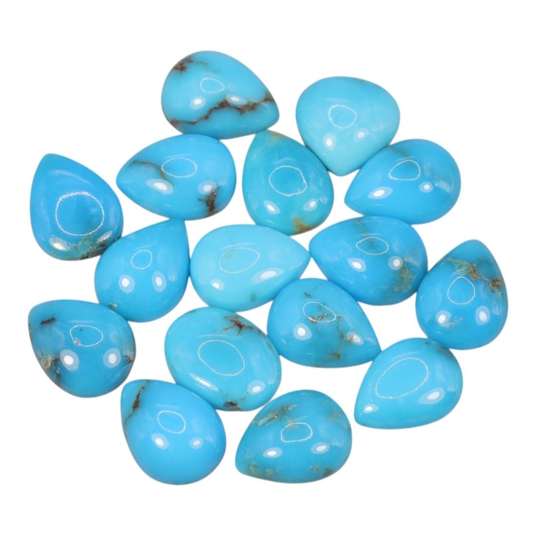 13.58 Carats Sky Blue Turquoise Parcel - Natural Arizona Style Cabochons, 84XC: This luminous parcel of polished turquoise cabochons features the iconic bright sky-blue hue that defines high-quality turquoise. The collection consists of smooth pear and oval shapes, each with a gl