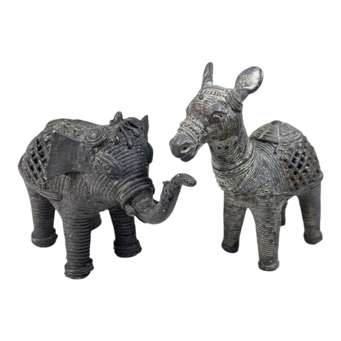 A Pair of Antique African Bronze Animal Figurines (Elephant and Donkey), 66AB: This pair of antique African bronze figurines depicts an elephant and a donkey, crafted using the traditional lost-wax casting technique. They exhibit a rich, dark patina from age and handling, charac
