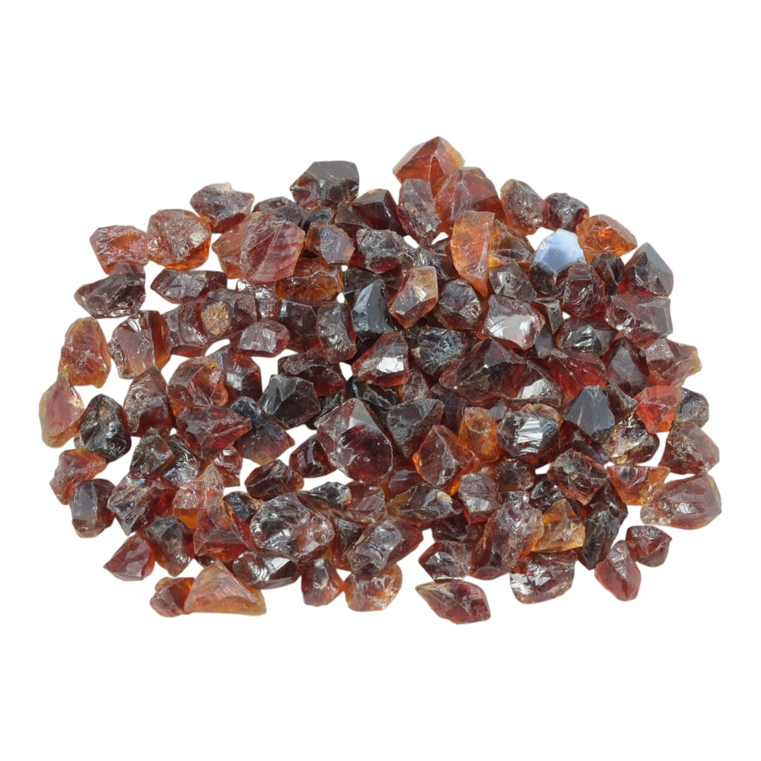 129.02 Carats Natural Garnet Rough Parcel, 41XE: This substantial parcel of natural garnet rough showcases a rich, warm spectrum of hues, from deep reddish-brown and burgundy to vibrant amber and honey-orange tones. The stones are in their raw, crys