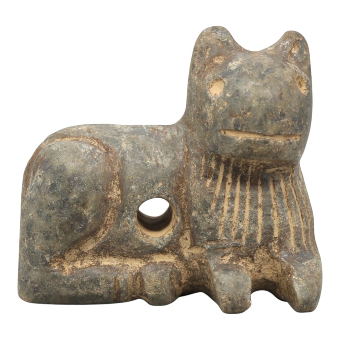 Ancient Stone Zoomorphic Effigy Amulet - Near Eastern Protective Figurine, 89ZP: This artifact is a carved stone zoomorphic effigy amulet, executed in the stylized animal tradition of the ancient Near East. The amulet depicts a recumbent quadruped (likely a lion or canine) with si
