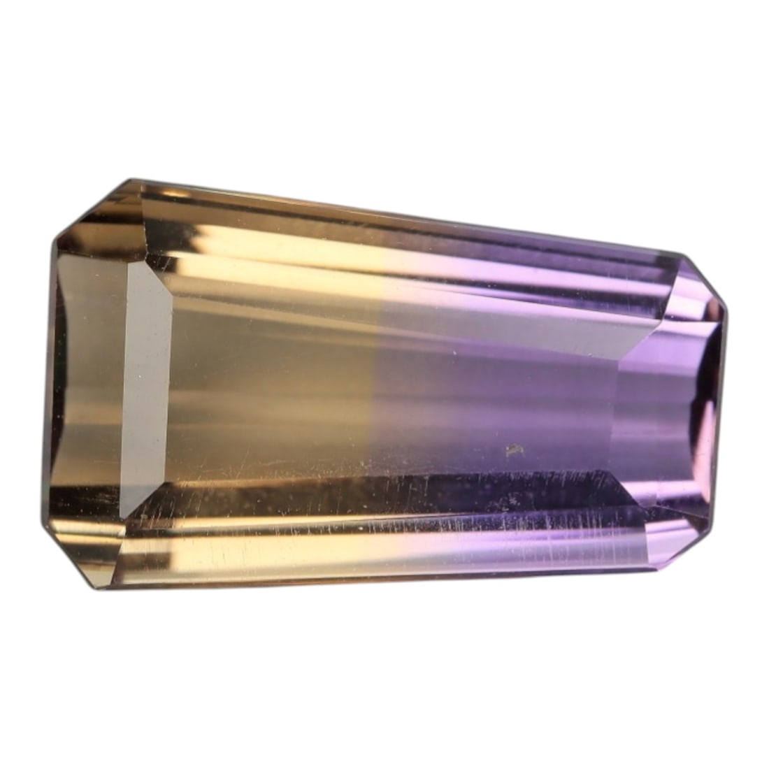 7.493 Carats Violet and Yellow Ametrine - Natural Bolivian Gemstone, LZ280: This exceptional 7.493 carat octagon step-cut ametrine presents a masterful fusion of saturated violet and warm golden-yellow hues, with a crisp, well-defined color boundary that is the hallmark of pr