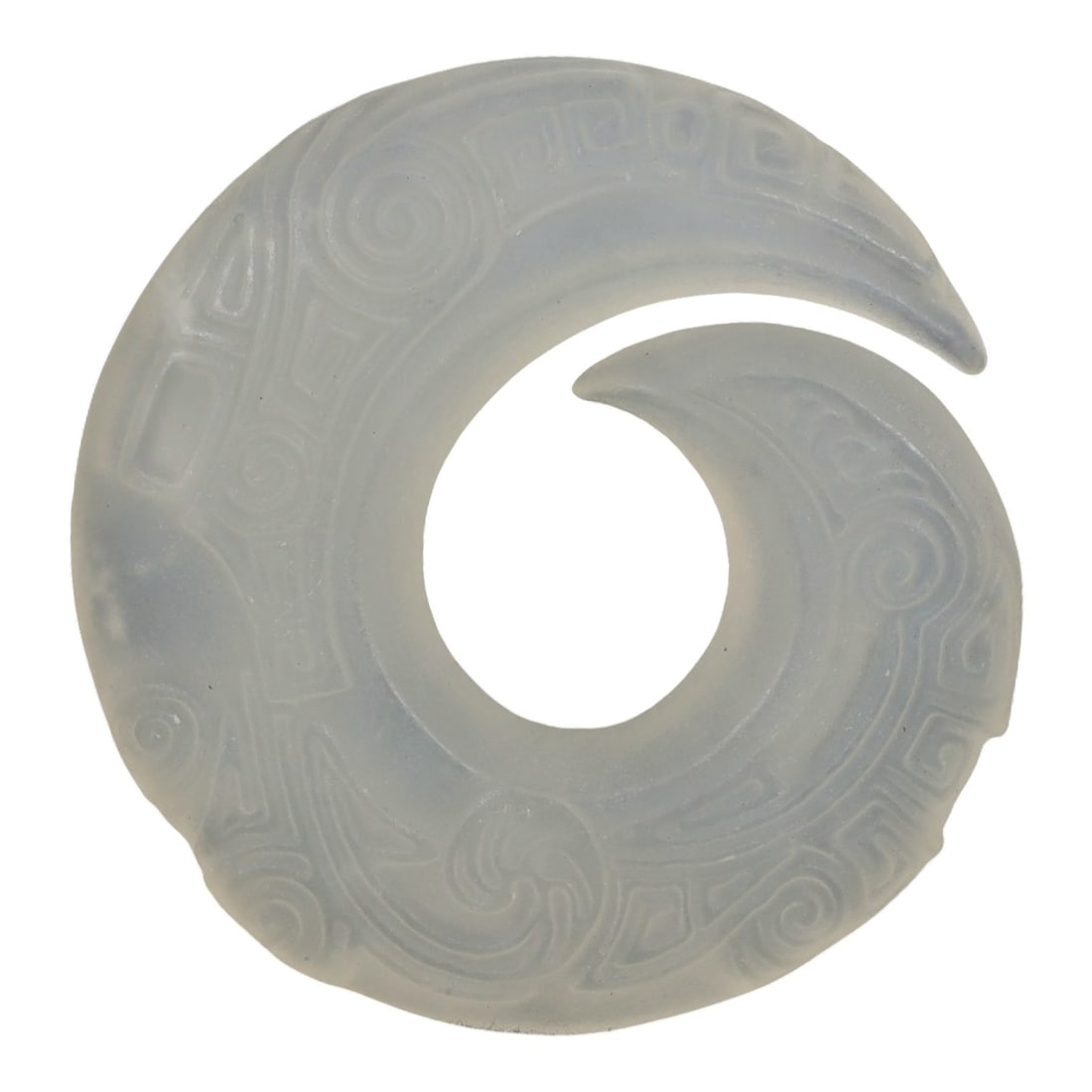 A Chinese Pale Jade Openwork Pendant, 20th Century, 92FD: Carved from translucent pale jade of even milky tone, the pendant is worked as a circular openwork form with an inward curling projection, creating a continuous flowing silhouette. The surface is deco