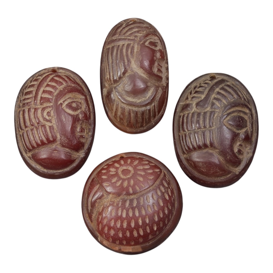 Lot of 4 Ancient Coptic Egyptian Carnelian Face Beads, Circa Roman to Coptic Era, 25AE (1 of 2)