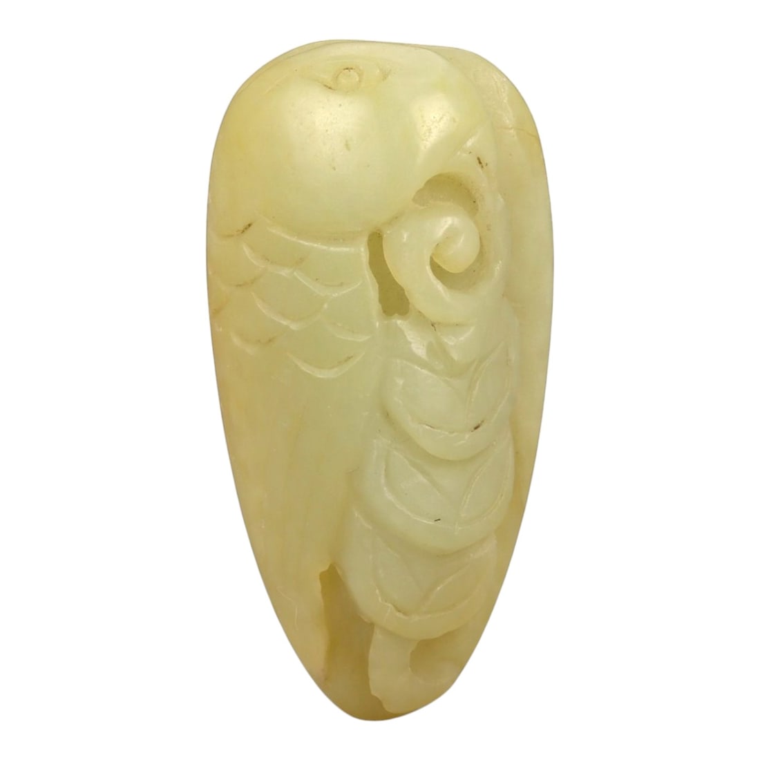 A Chinese Nephrite Jade Fruit Pendant with Coin Motifs, 20th Century, 58FA: Carved from pale yellow nephrite jade with soft translucency and minor natural inclusions, the pendant is worked in relief to depict a fruiting form, likely a peach or gourd, combined with stylized co