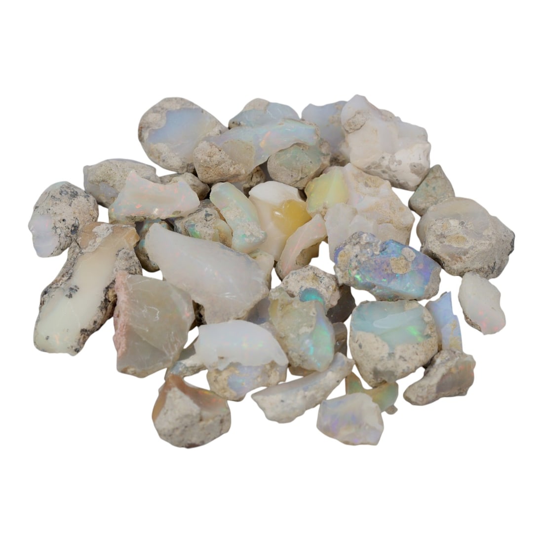 Ethiopian Welo Opal Rough - Natural Unpolished Gemstone Lot, 15WS: A collection of natural Ethiopian Welo opal rough pieces, ranging in size from 1-3 cm and totaling 49.42 grams. The opals display characteristic milky to translucent base tones with vibrant, shifting 