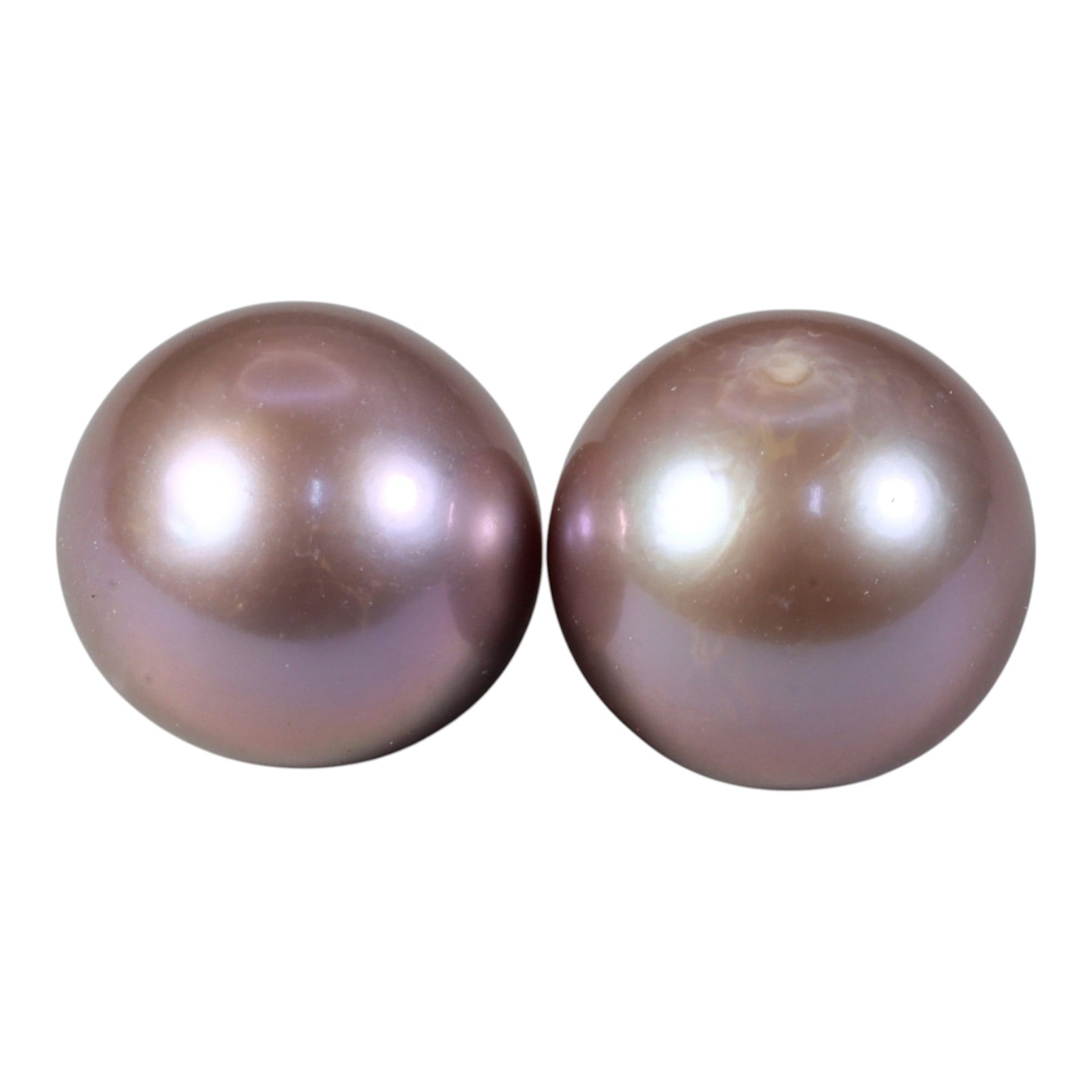 23.13 Carats Lavender Pink Fresh Water Pearl Pair - Natural Loose Pearls, 31XA: This elegant matched pair of fresh water pearls features a soft, alluring lavender-pink hue with a smooth, glossy surface and luminous orient. The total carat weight of the pair is 23.13 carats, with 