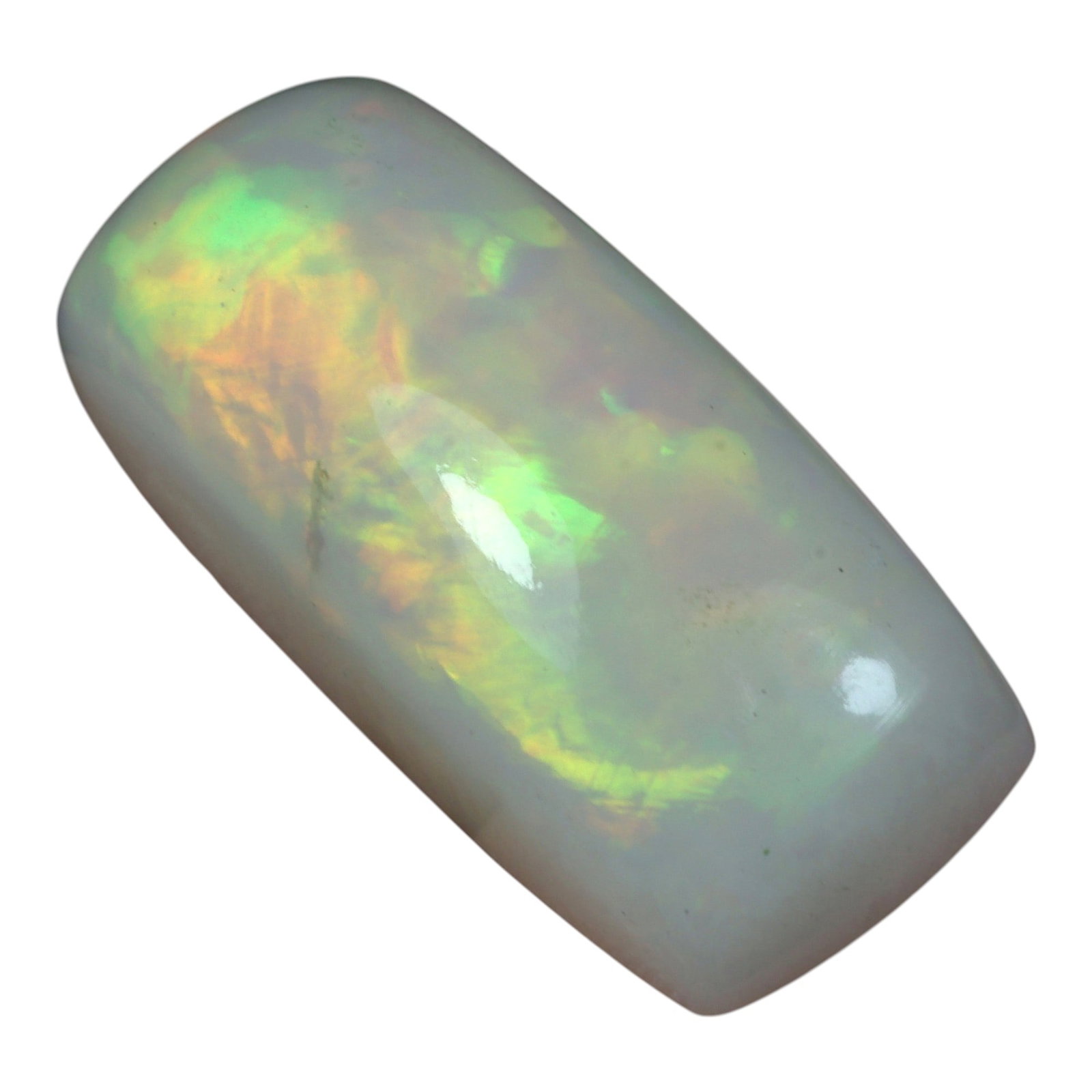7.45 Carats Welo Opal Elongated Cushion Cabochon - Natural Ethiopian Stone, 10XB: This striking elongated cushion cabochon of Welo opal captivates with a vivid, shifting play of color, dominated by sweeping flashes of lime green and golden yellow, accented by subtle hints of fiery 