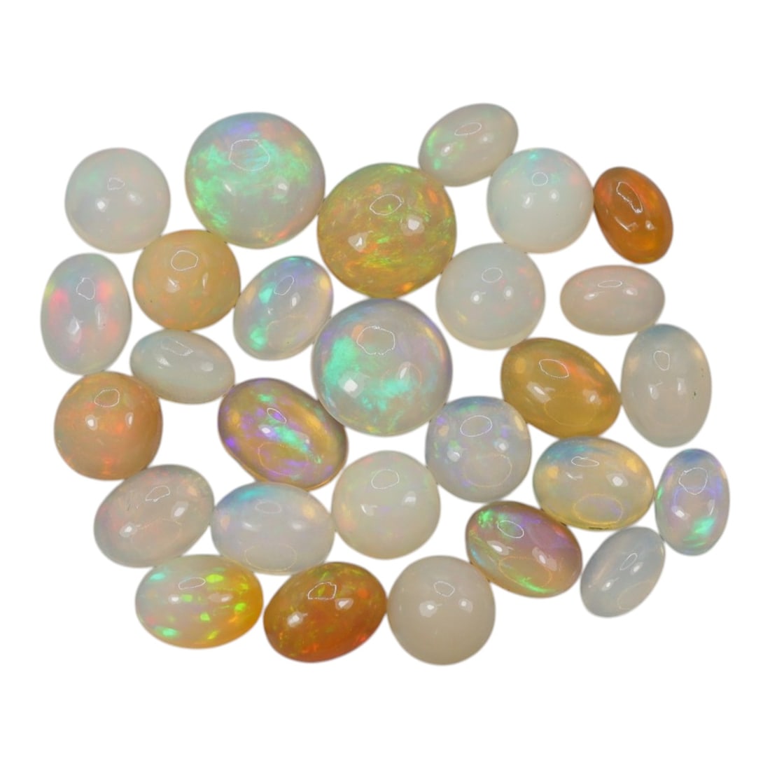 16.18 Carats Welo Opal Cabochon Parcel - Natural Ethiopian Stones, 54XA: This luminous collection of Welo opals showcases a rich spectrum of translucent body tones, from milky white and soft cream to warm honey and golden amber, each adorned with vivid, shifting color play