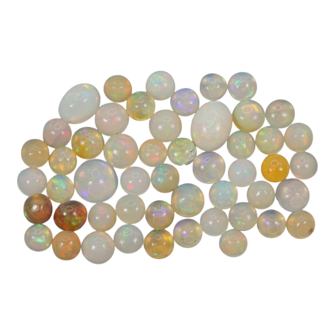23.08 Carats Welo Opal Cabochon Parcel - Natural Ethiopian Stones, 50XA: This vibrant collection of Welo opals features a stunning variety of translucent body tones, from milky white and soft cream to warm honey and golden-orange, each adorned with vivid, shifting color pl